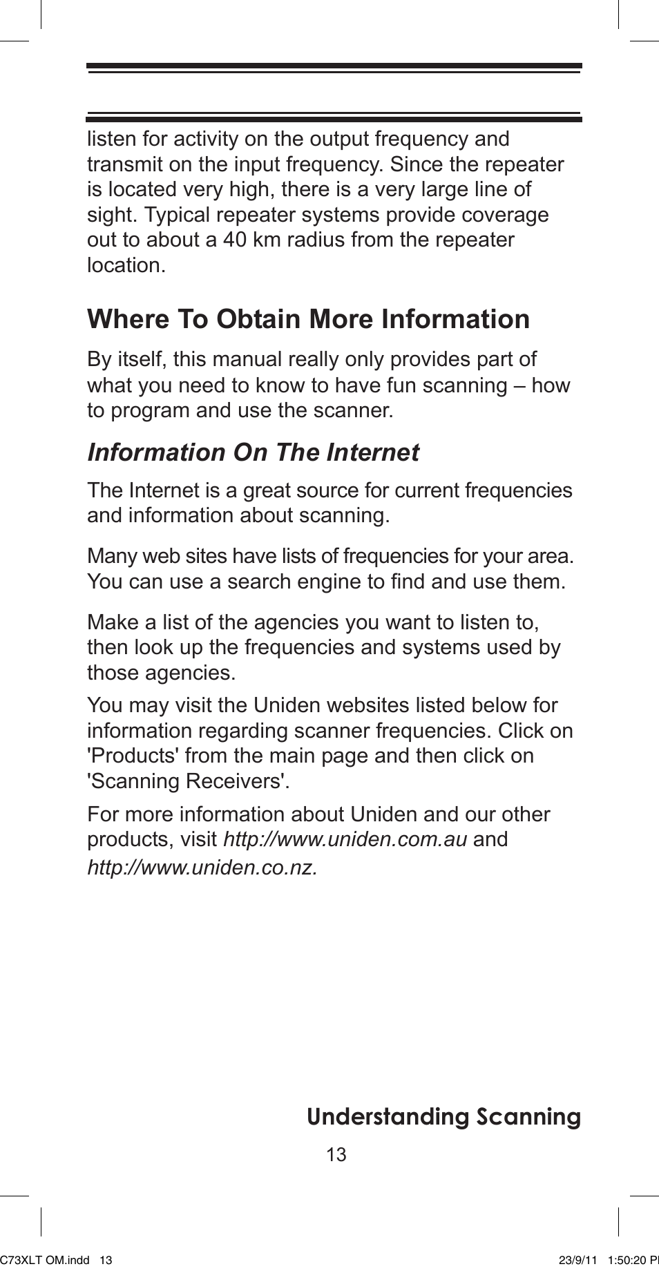 Where to obtain more information, Information on the internet, Understanding scanning | Uniden UBC73XLT User Manual | Page 13 / 60