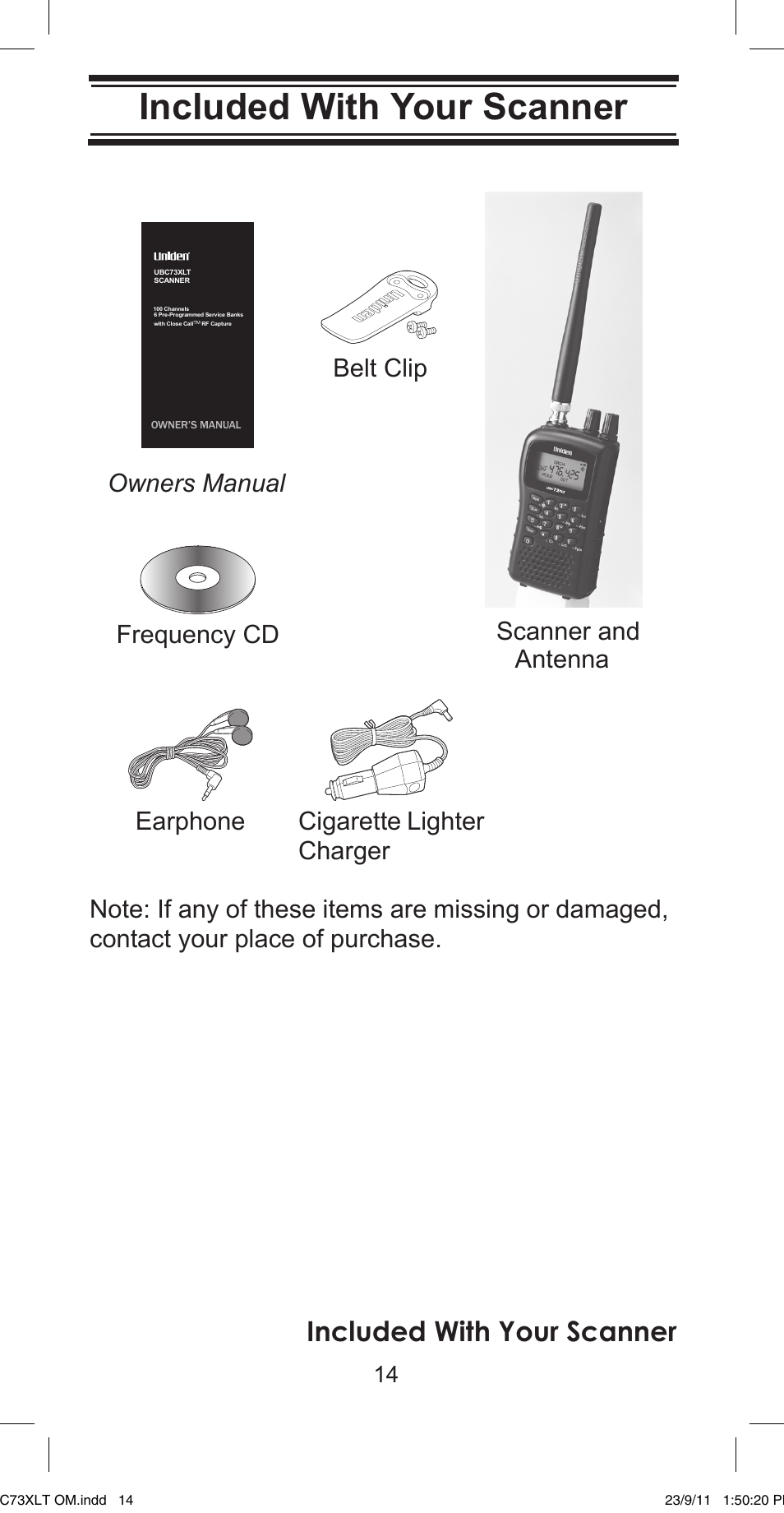 Included with your scanner, Cigarette lighter charger earphone frequency cd | Uniden UBC73XLT User Manual | Page 14 / 60
