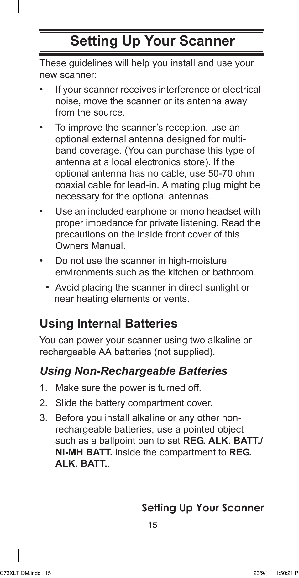 Using internal batteries, Setting up your scanner, Using non-rechargeable batteries | Uniden UBC73XLT User Manual | Page 15 / 60