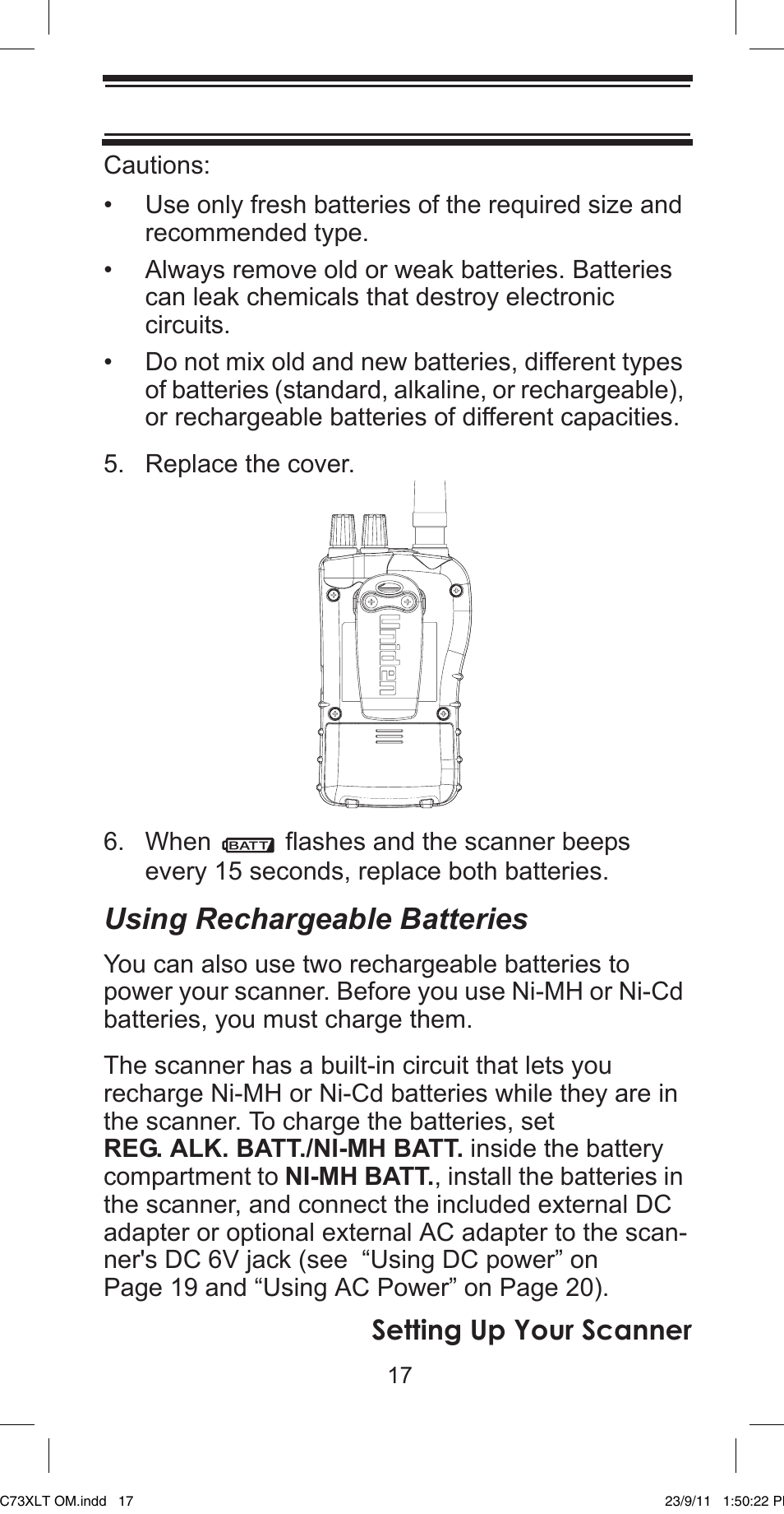 Using rechargeable batteries, Setting up your scanner | Uniden UBC73XLT User Manual | Page 17 / 60