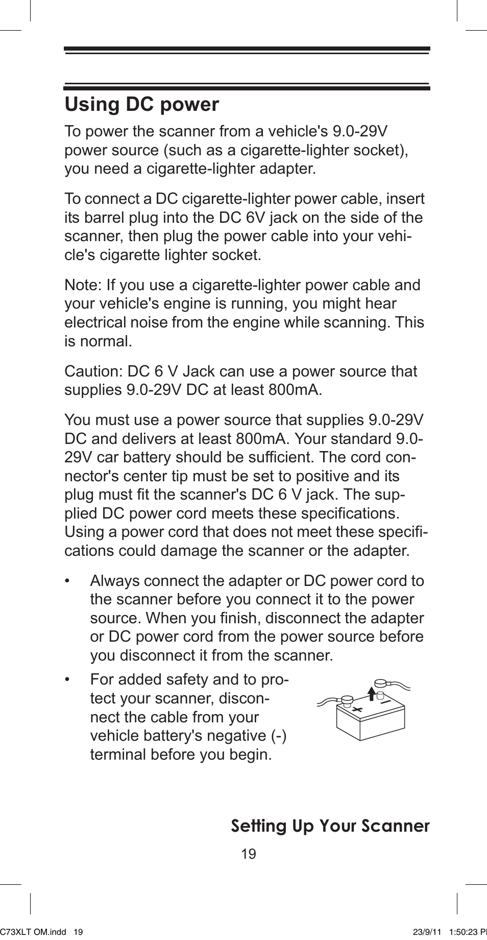 Using dc power, Setting up your scanner | Uniden UBC73XLT User Manual | Page 19 / 60