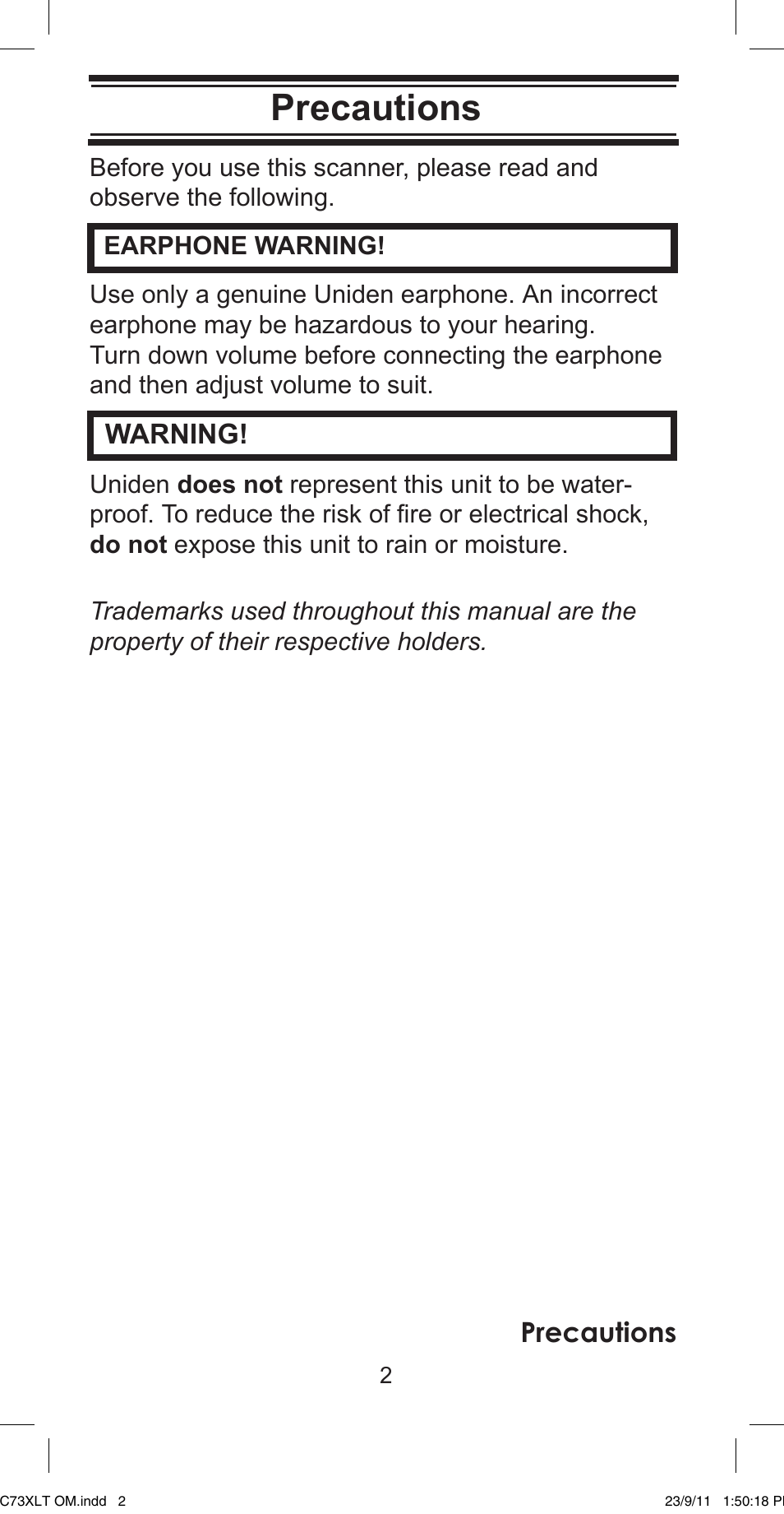 Precautions, Warning | Uniden UBC73XLT User Manual | Page 2 / 60