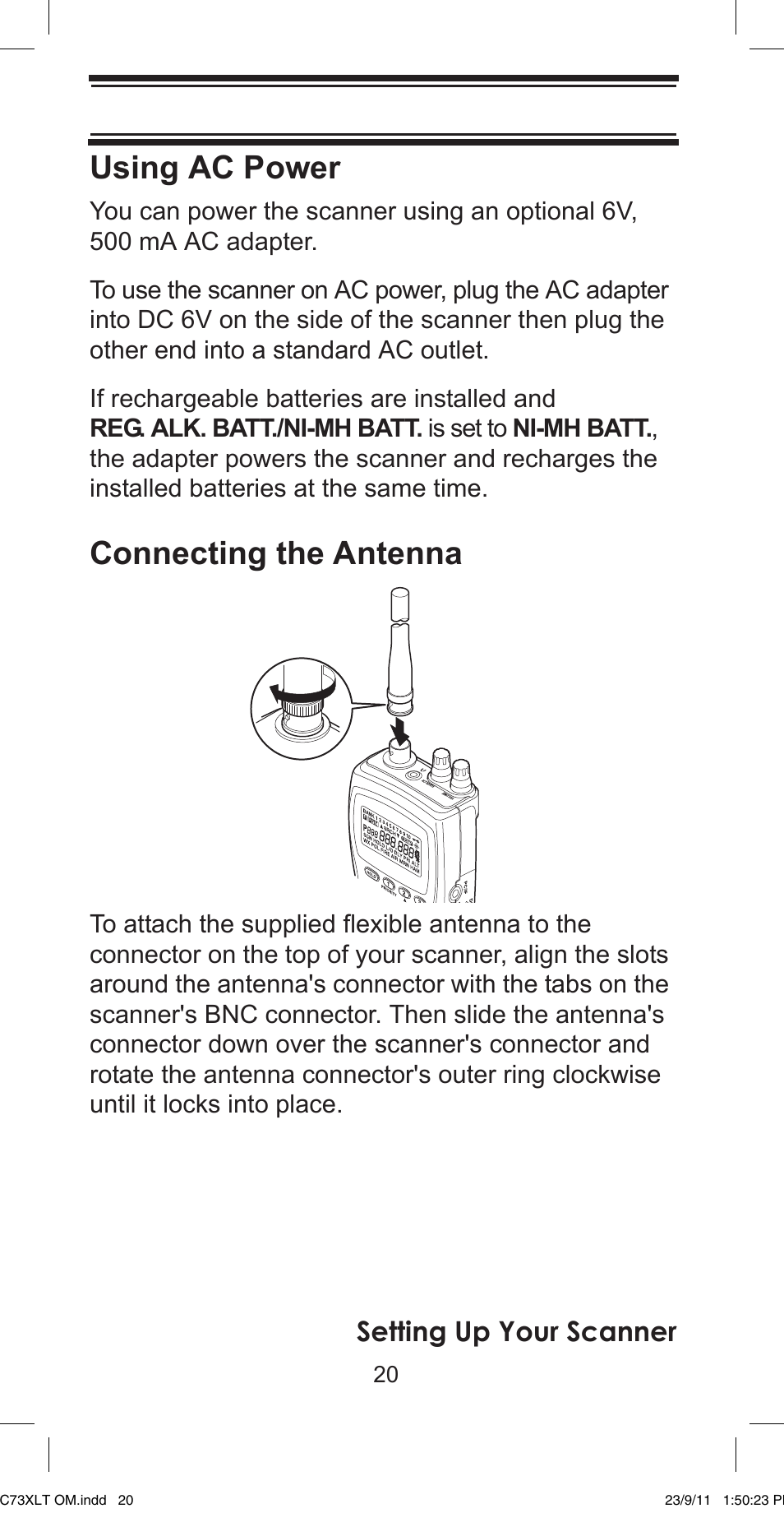 Using ac power, Connecting the antenna, Setting up your scanner | Uniden UBC73XLT User Manual | Page 20 / 60