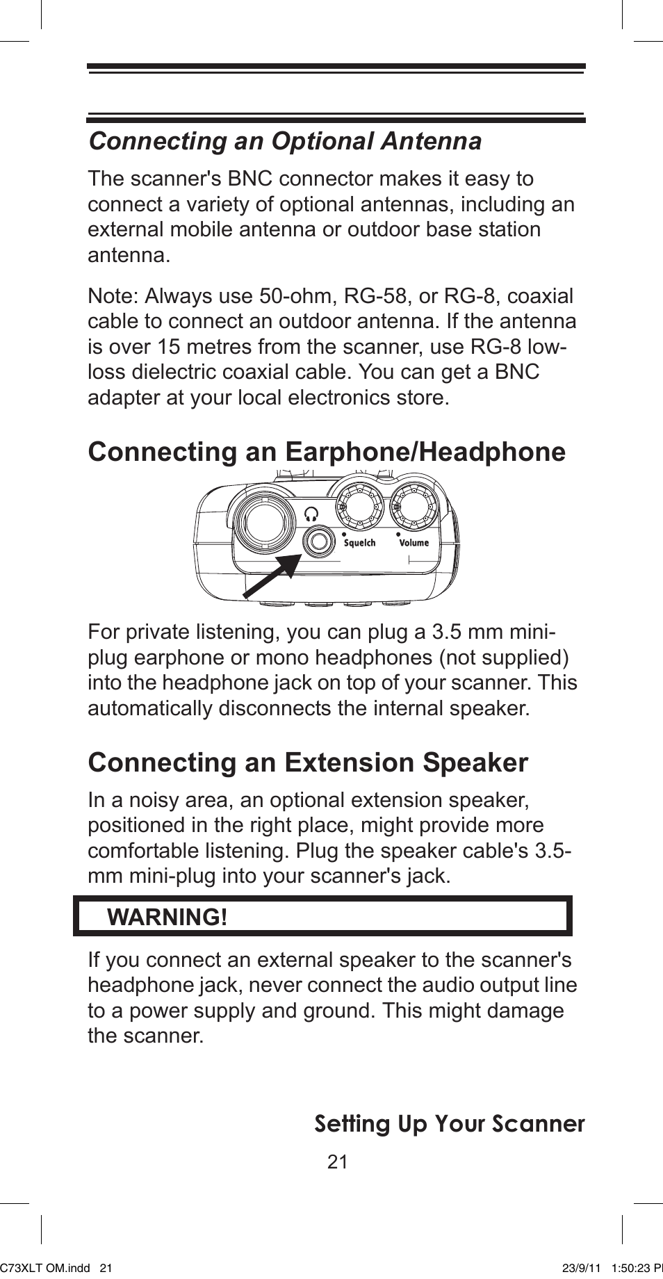 Connecting an earphone/headphone, Connecting an extension speaker, Connecting an optional antenna | Setting up your scanner, Warning | Uniden UBC73XLT User Manual | Page 21 / 60