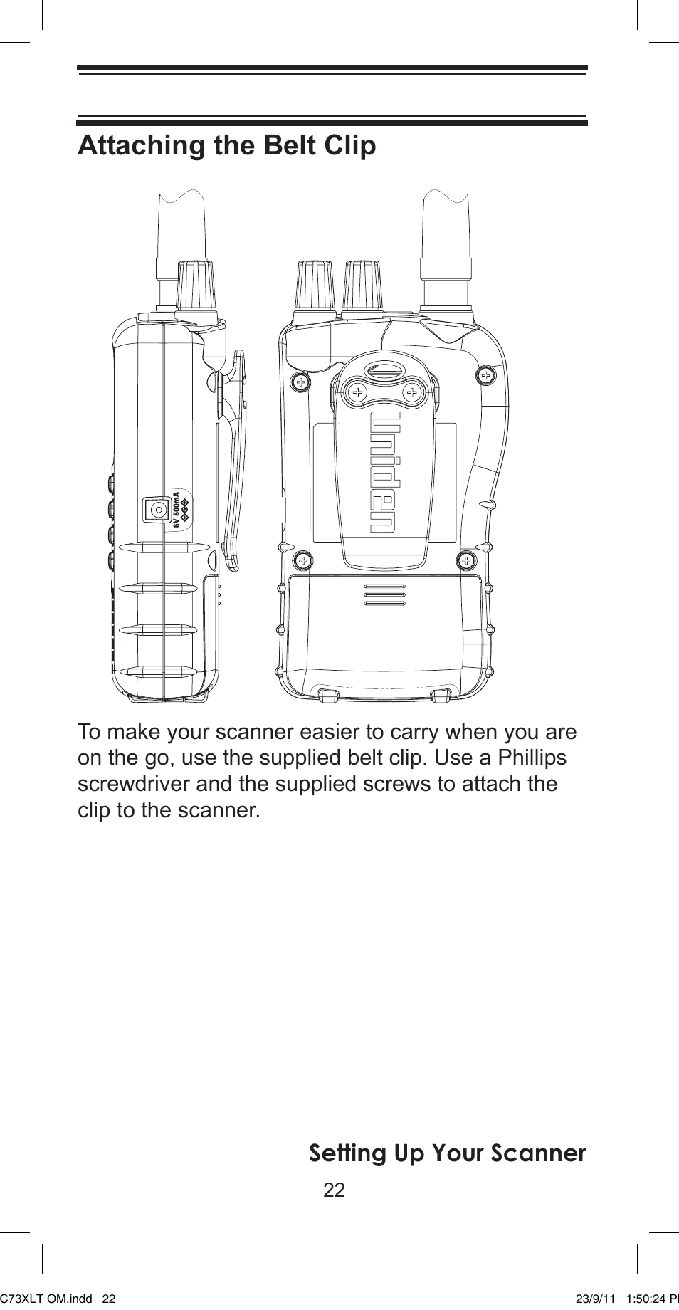 Attaching the belt clip, Setting up your scanner | Uniden UBC73XLT User Manual | Page 22 / 60