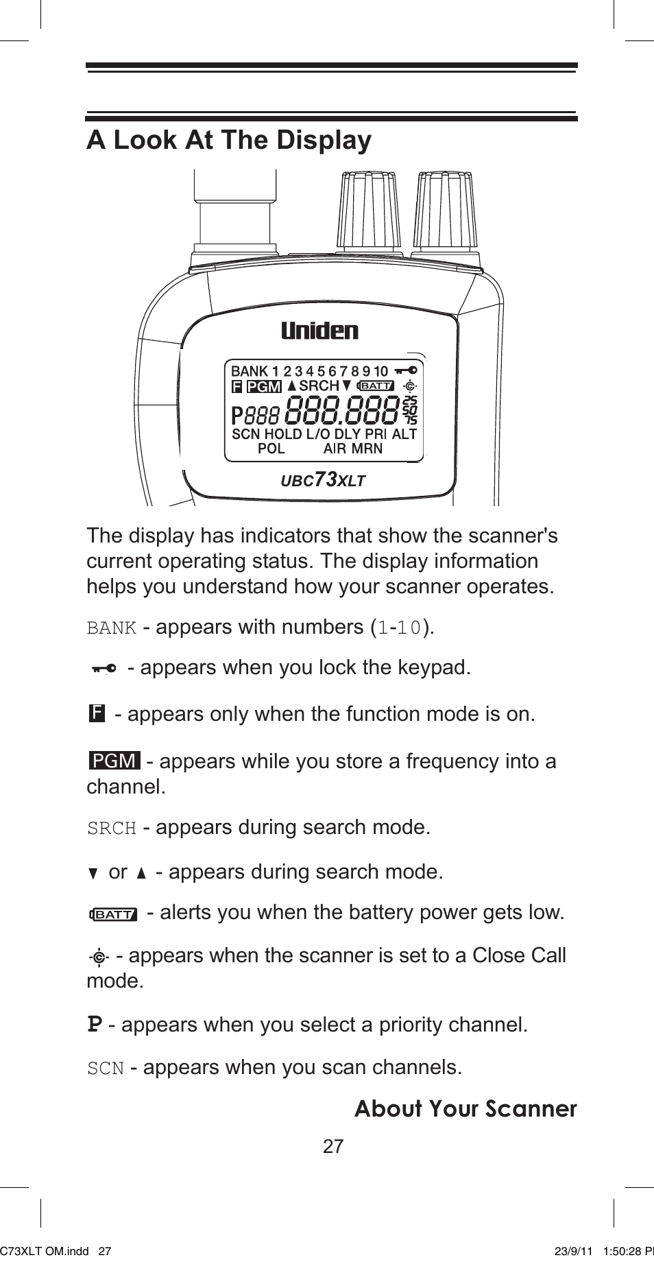 A look at the display, About your scanner | Uniden UBC73XLT User Manual | Page 27 / 60