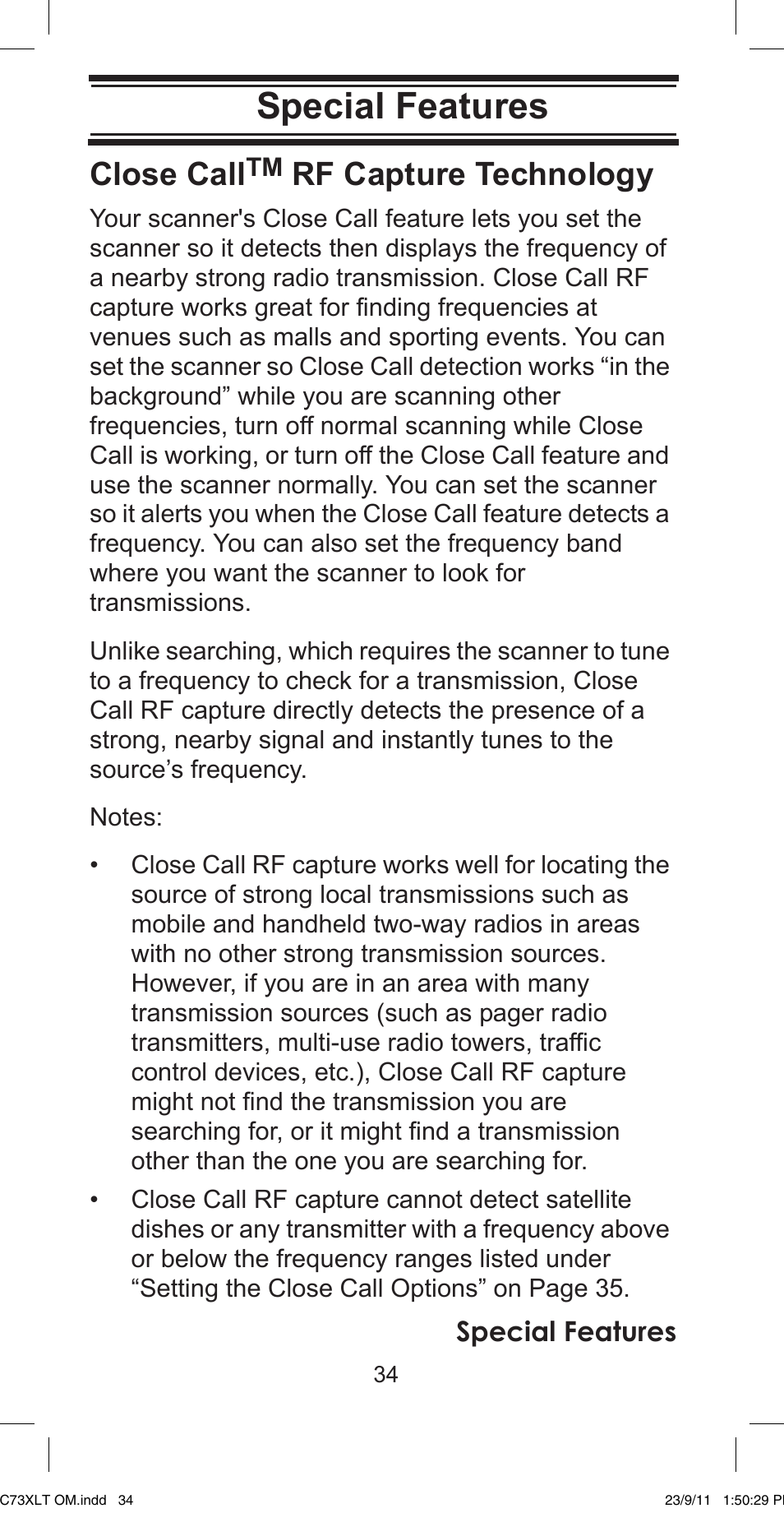 Special features, Special features close call, Rf capture technology | Uniden UBC73XLT User Manual | Page 34 / 60