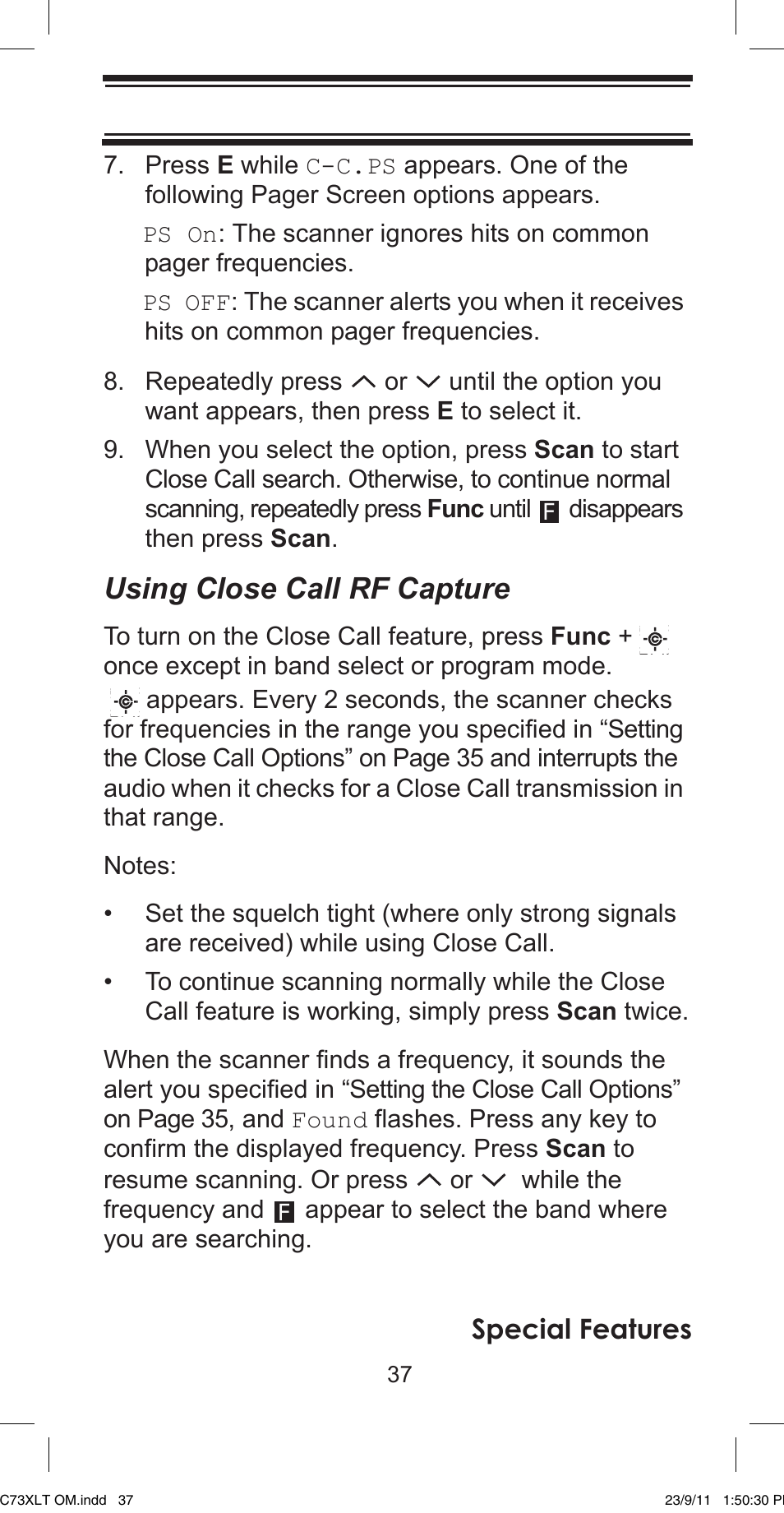 Using close call rf capture, Special features | Uniden UBC73XLT User Manual | Page 37 / 60
