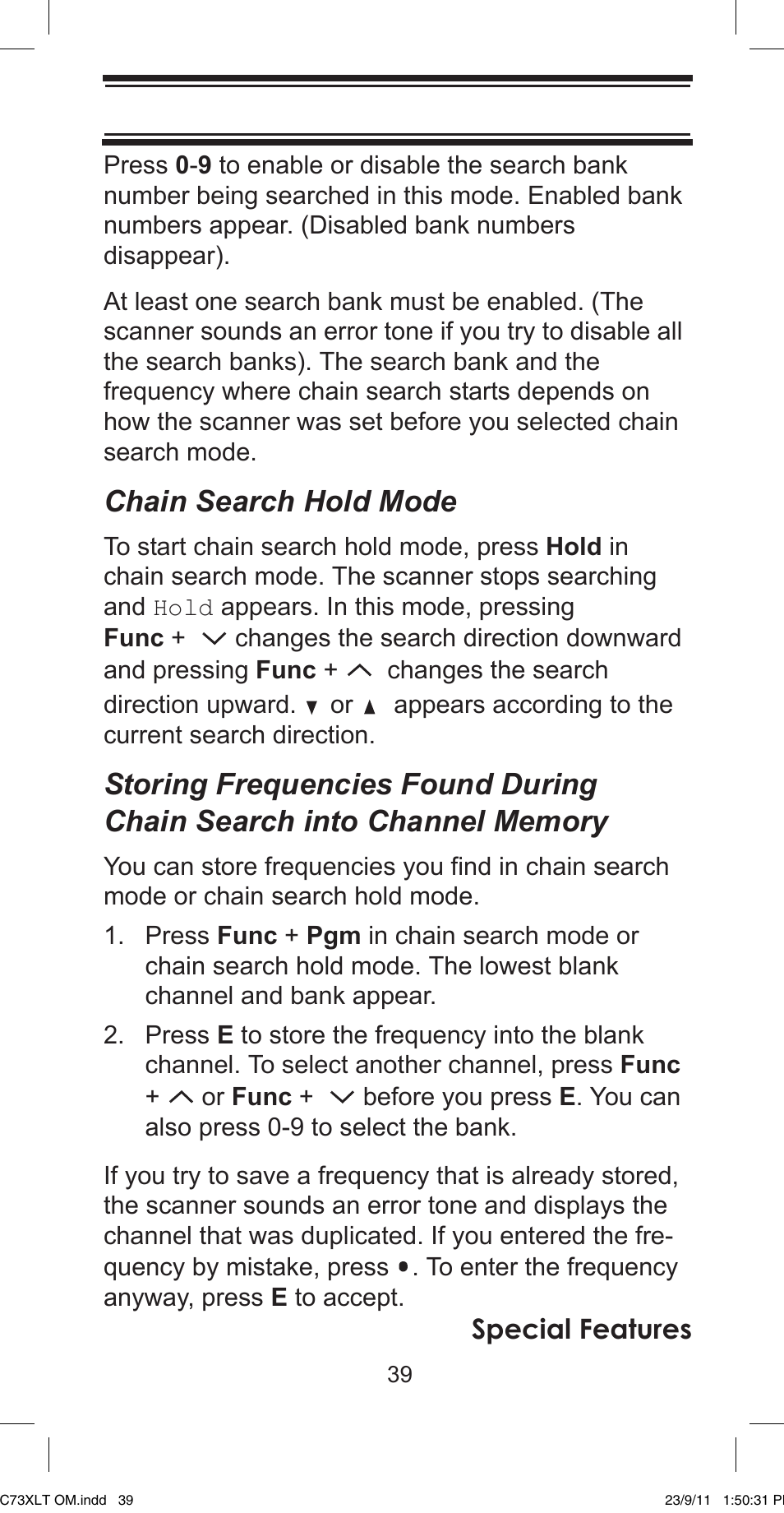 Chain search hold mode, Special features | Uniden UBC73XLT User Manual | Page 39 / 60