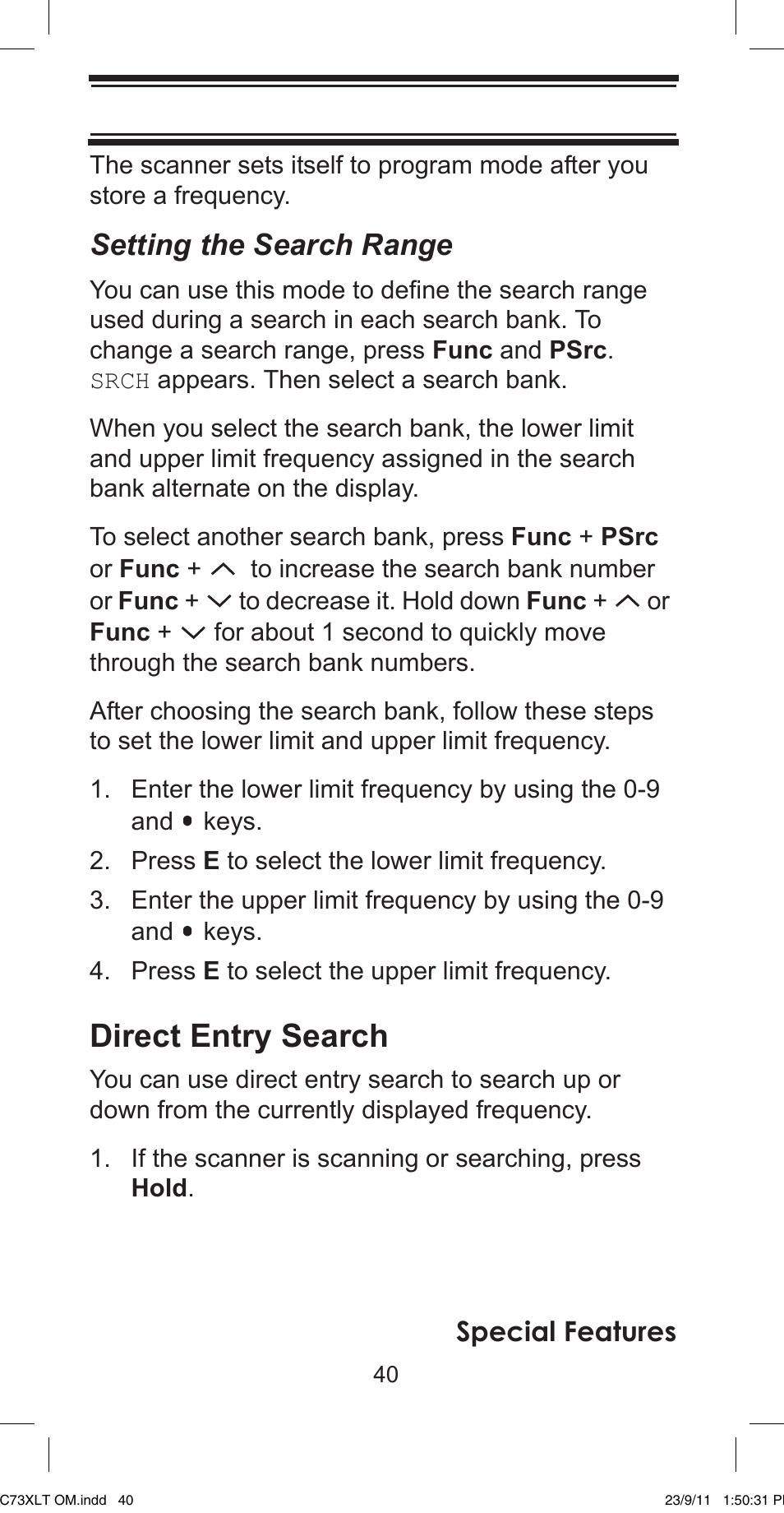 Direct entry search, Setting the search range, Special features | Uniden UBC73XLT User Manual | Page 40 / 60
