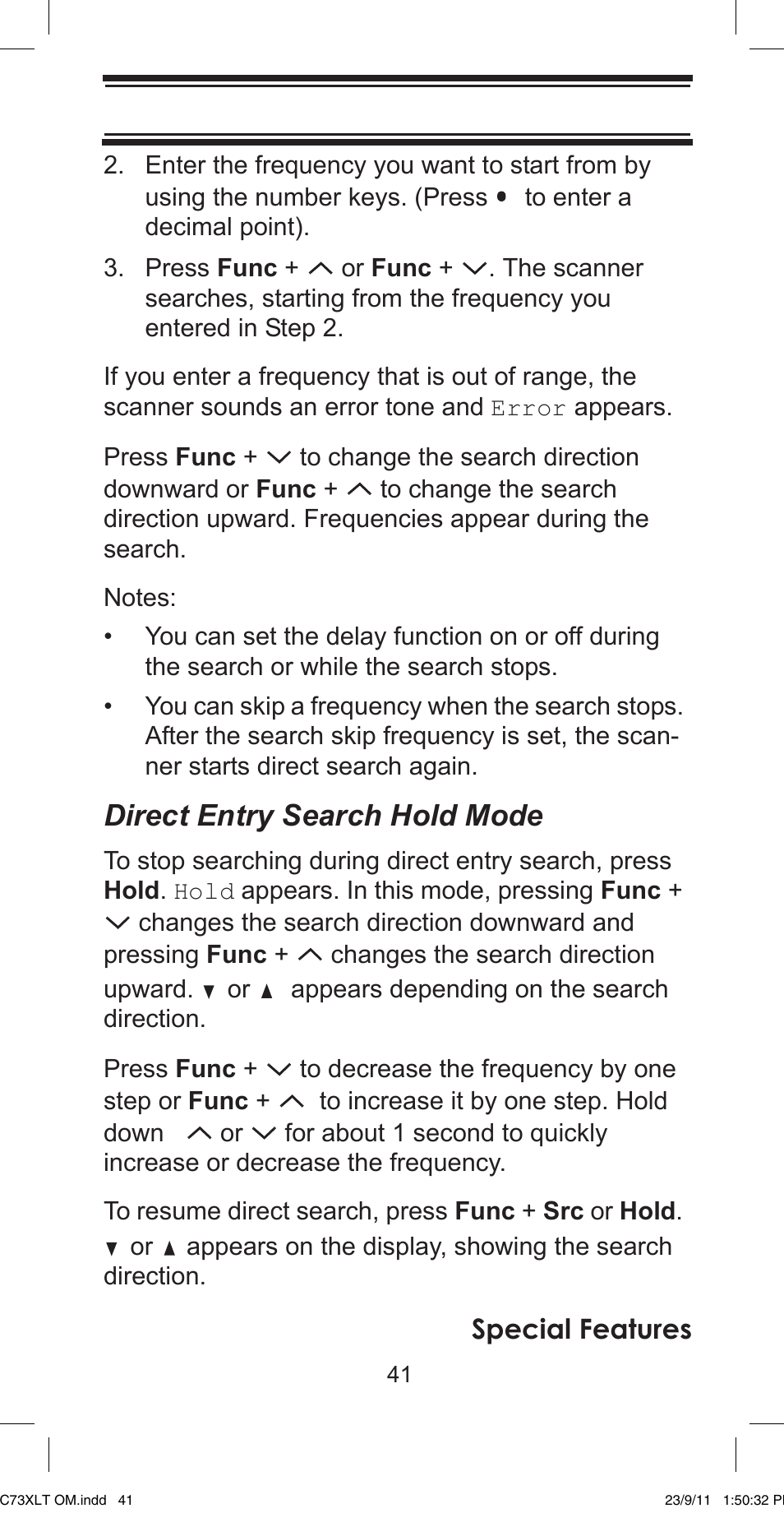 Direct entry search hold mode, Special features | Uniden UBC73XLT User Manual | Page 41 / 60