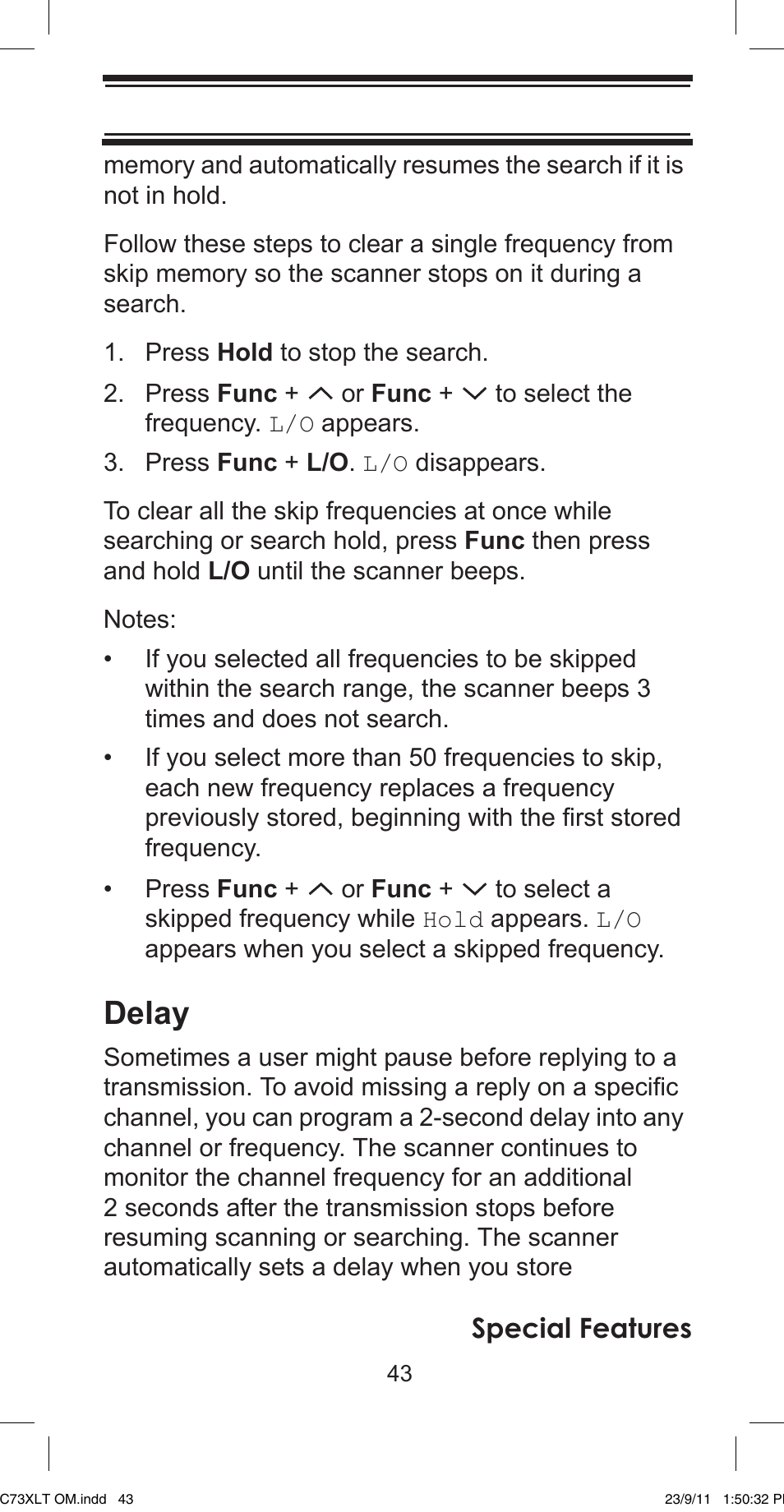 Delay, Special features | Uniden UBC73XLT User Manual | Page 43 / 60