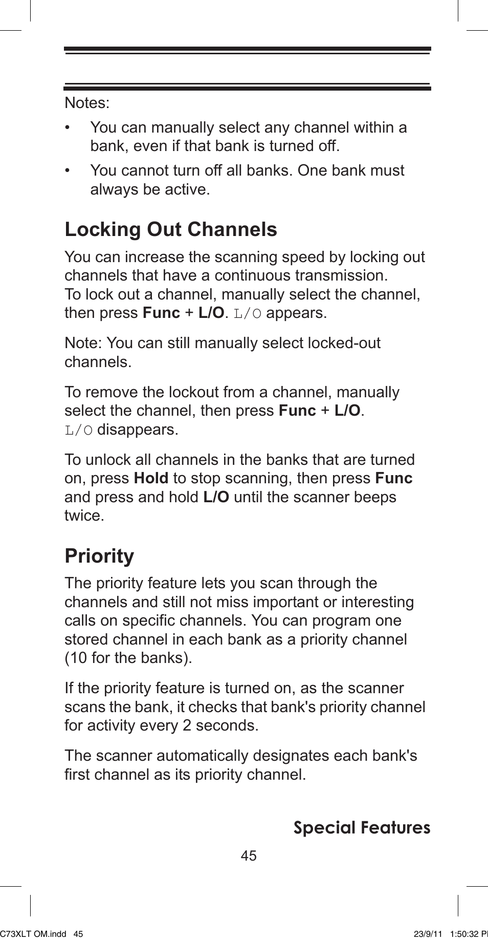 Locking out channels, Priority, Special features | Uniden UBC73XLT User Manual | Page 45 / 60