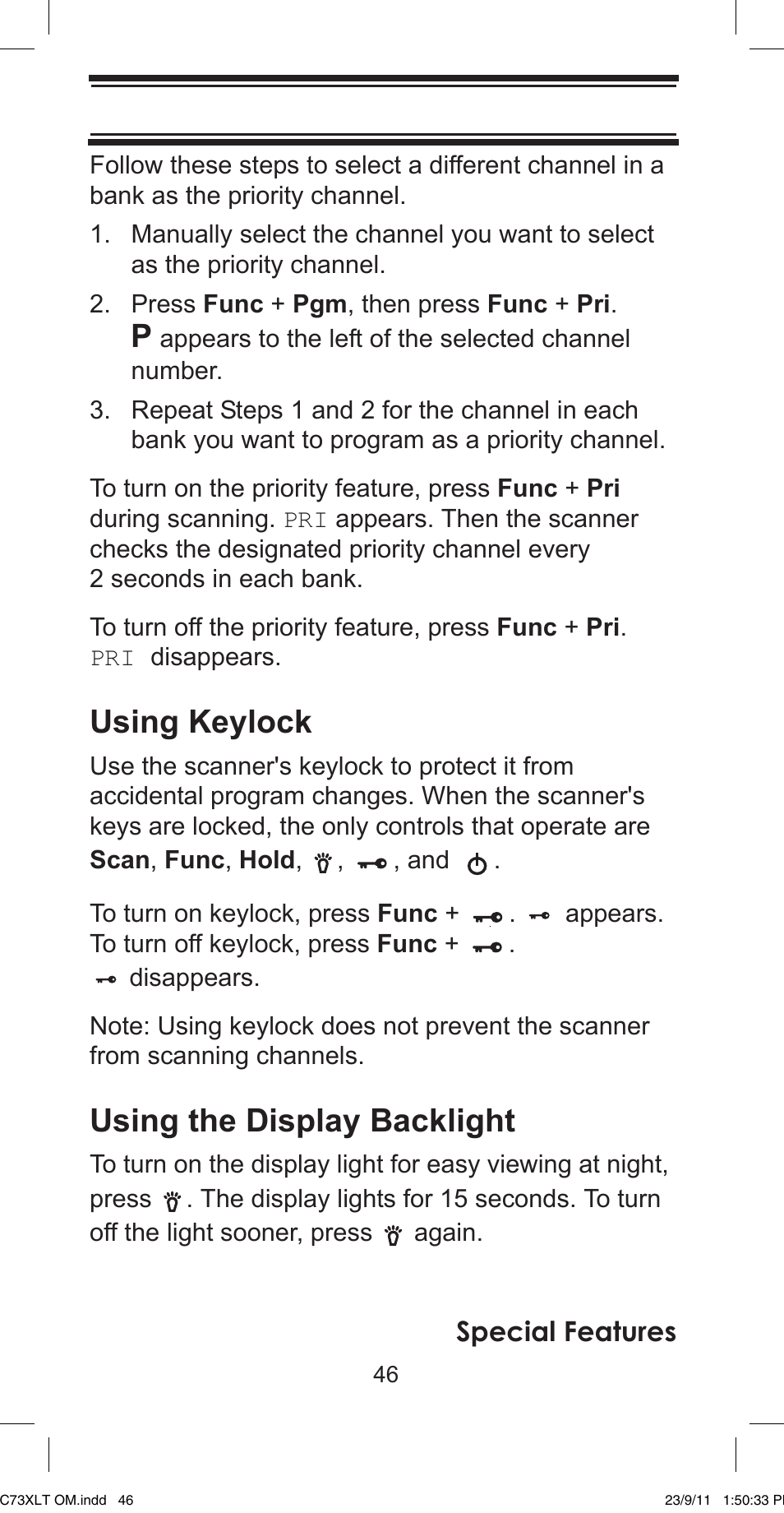 Using keylock, Using the display backlight | Uniden UBC73XLT User Manual | Page 46 / 60