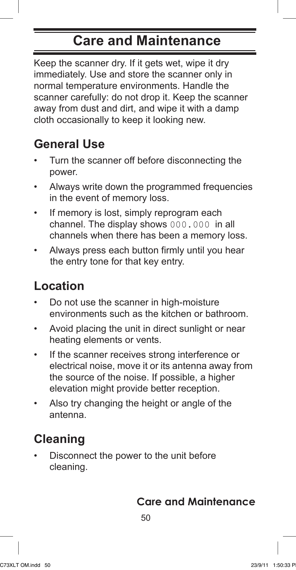 Care and maintenance, General use, Location | Cleaning | Uniden UBC73XLT User Manual | Page 50 / 60