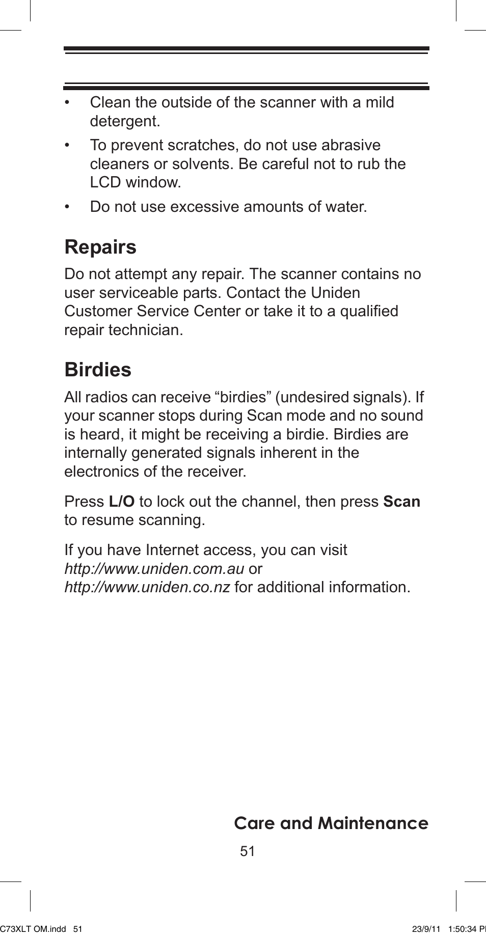 Repairs, Birdies, Care and maintenance | Uniden UBC73XLT User Manual | Page 51 / 60