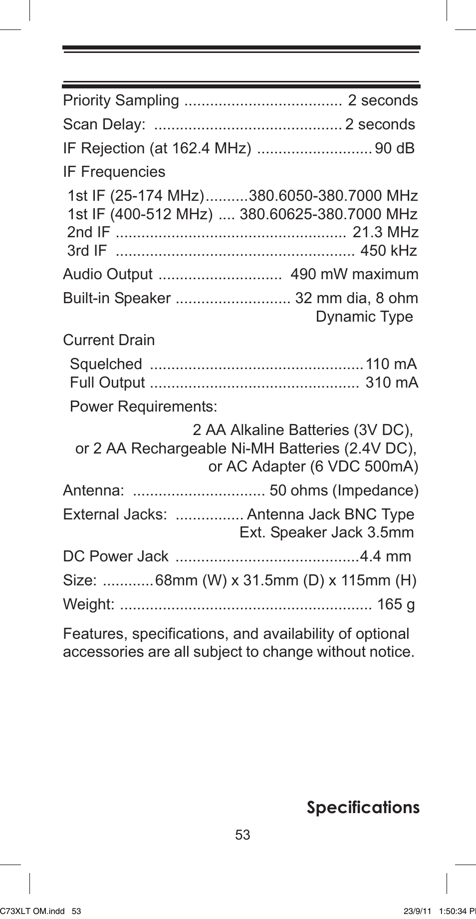Specifications | Uniden UBC73XLT User Manual | Page 53 / 60