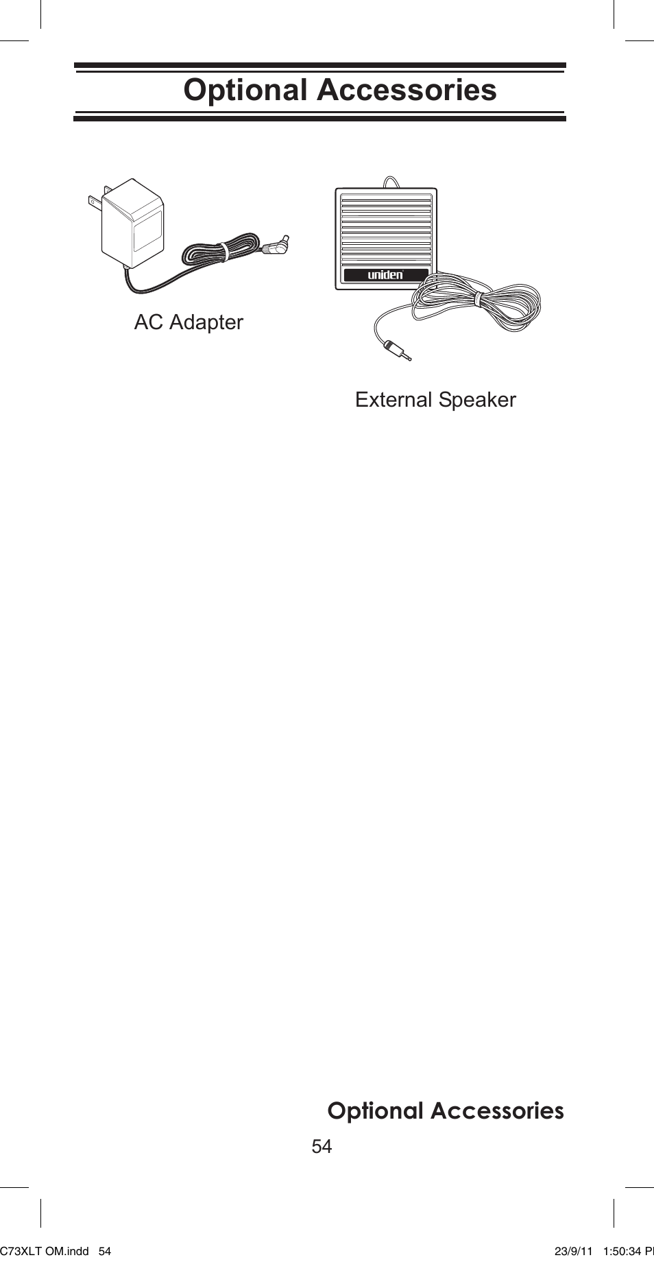 Optional accessories, Earphone ac adapter, External speaker | Uniden UBC73XLT User Manual | Page 54 / 60