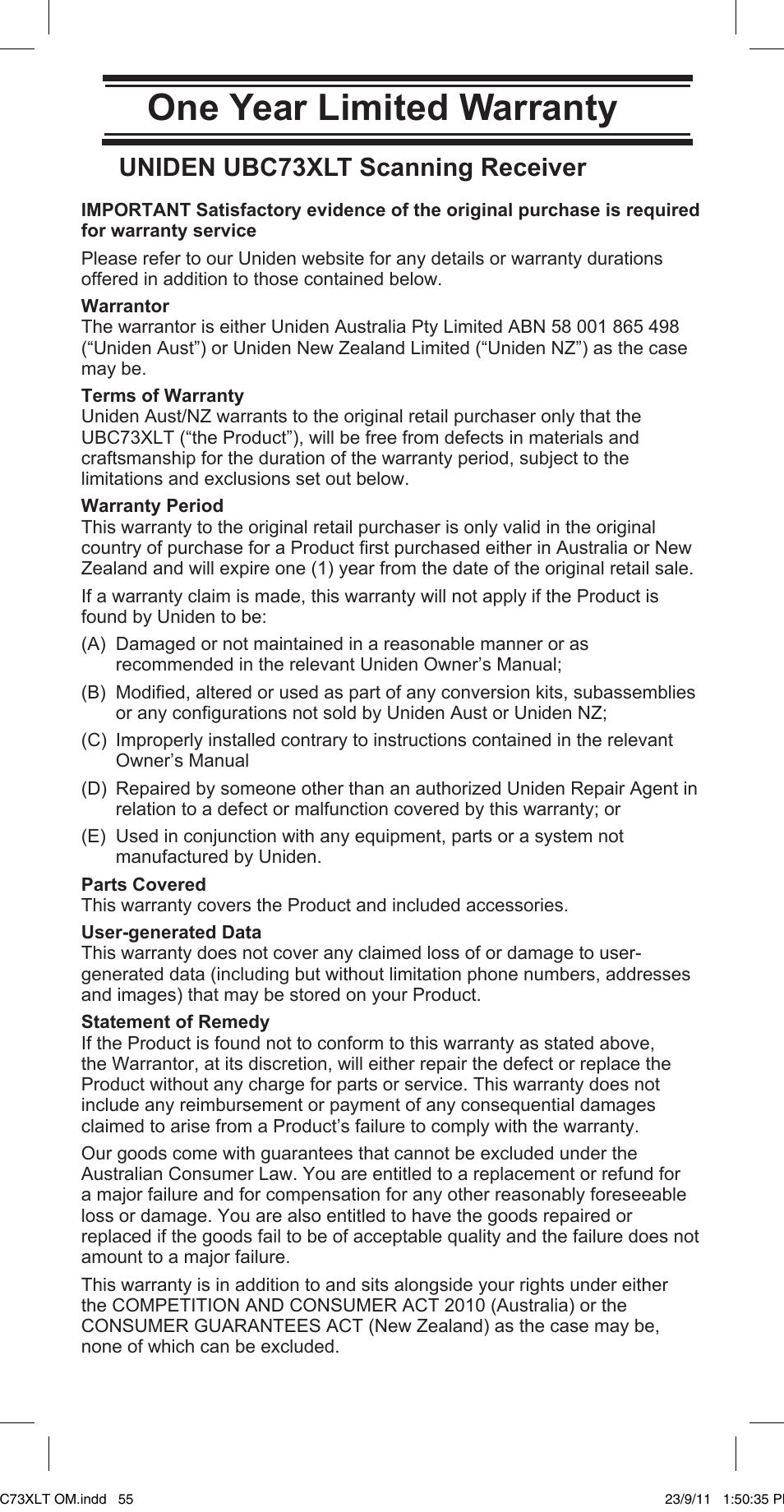 One year limited warranty | Uniden UBC73XLT User Manual | Page 55 / 60