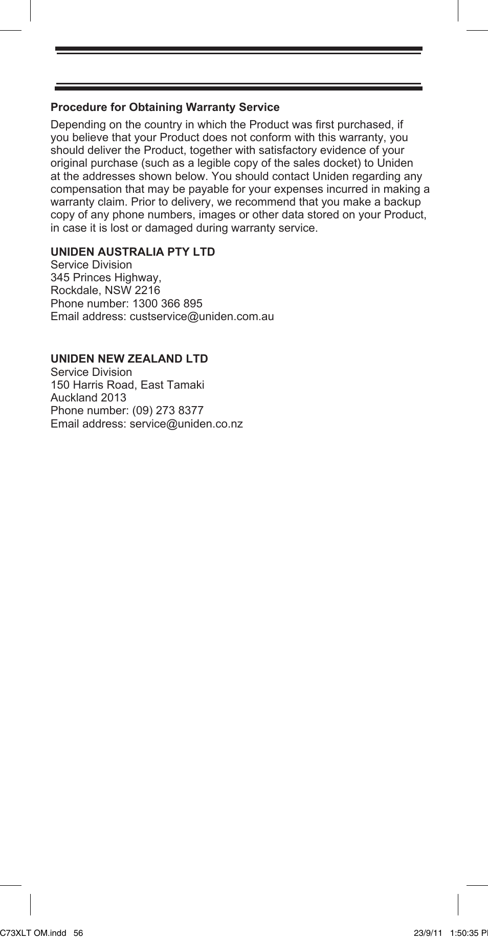 One year limited warranty | Uniden UBC73XLT User Manual | Page 56 / 60