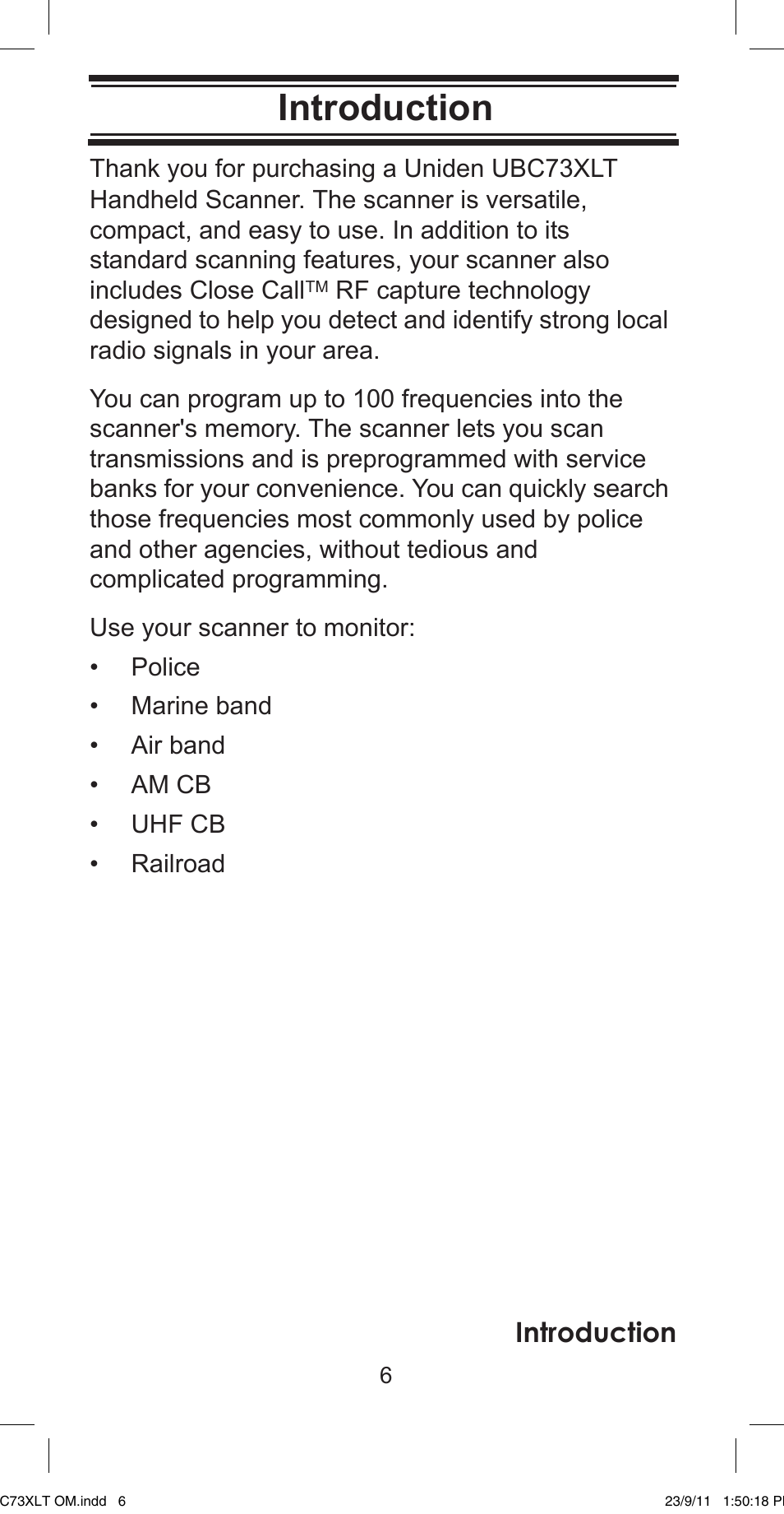 Introduction | Uniden UBC73XLT User Manual | Page 6 / 60
