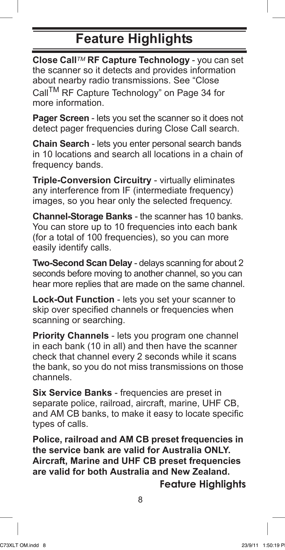Feature highlights | Uniden UBC73XLT User Manual | Page 8 / 60