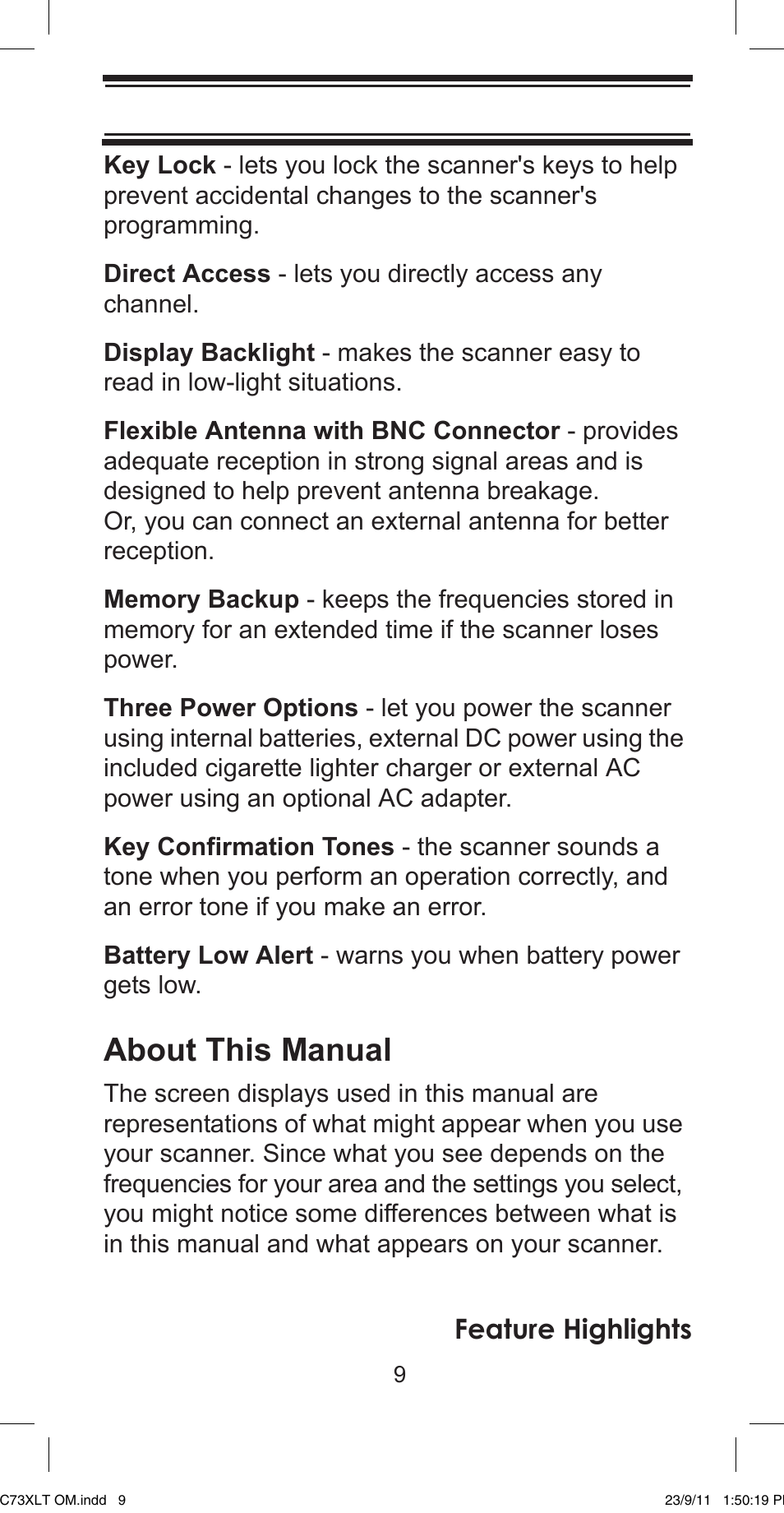 About this manual, Feature highlights | Uniden UBC73XLT User Manual | Page 9 / 60