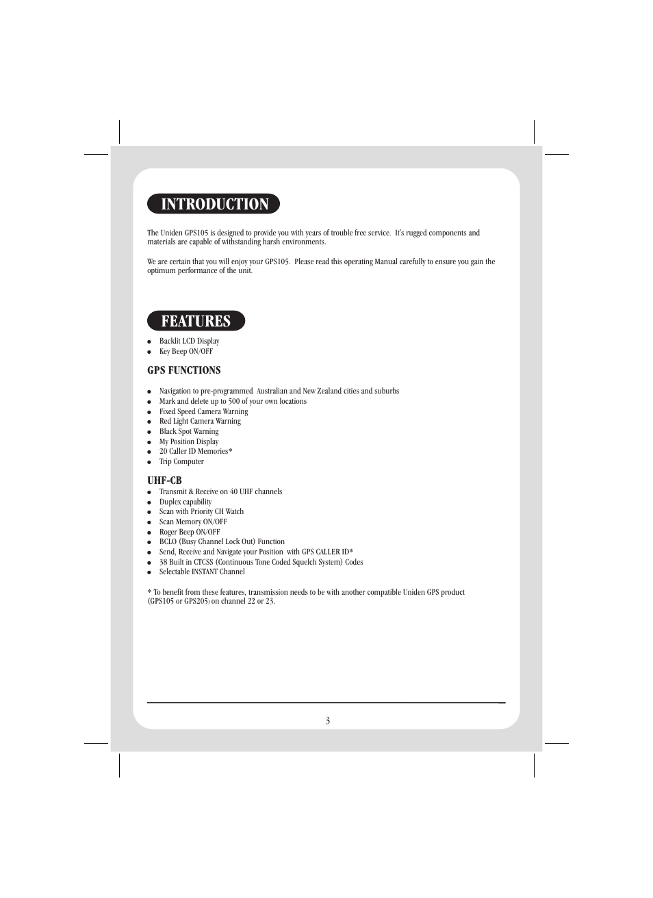 Introduction, Features | Uniden GPS105 User Manual | Page 10 / 36
