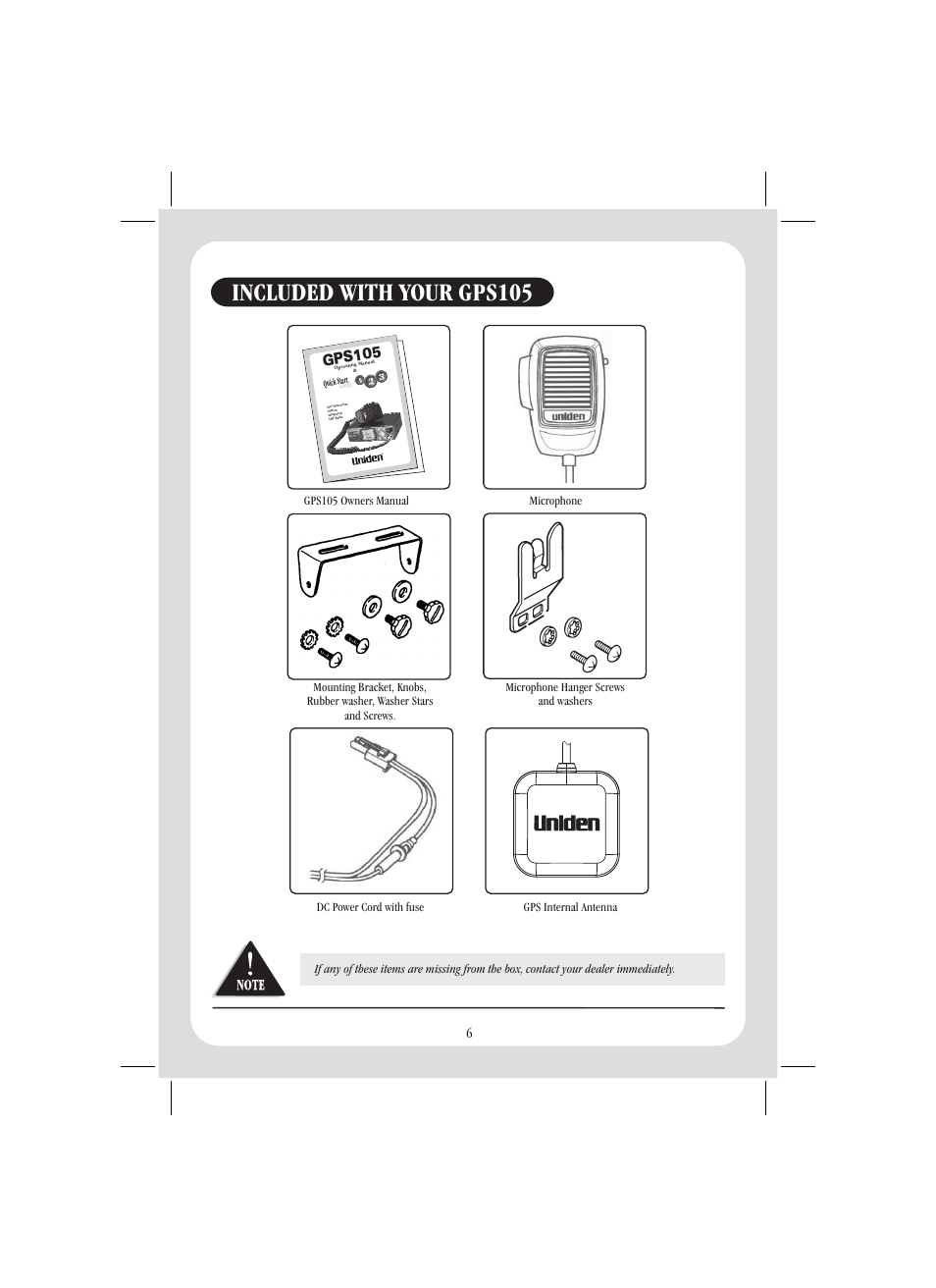 Included with your gps105, Gps105 | Uniden GPS105 User Manual | Page 13 / 36