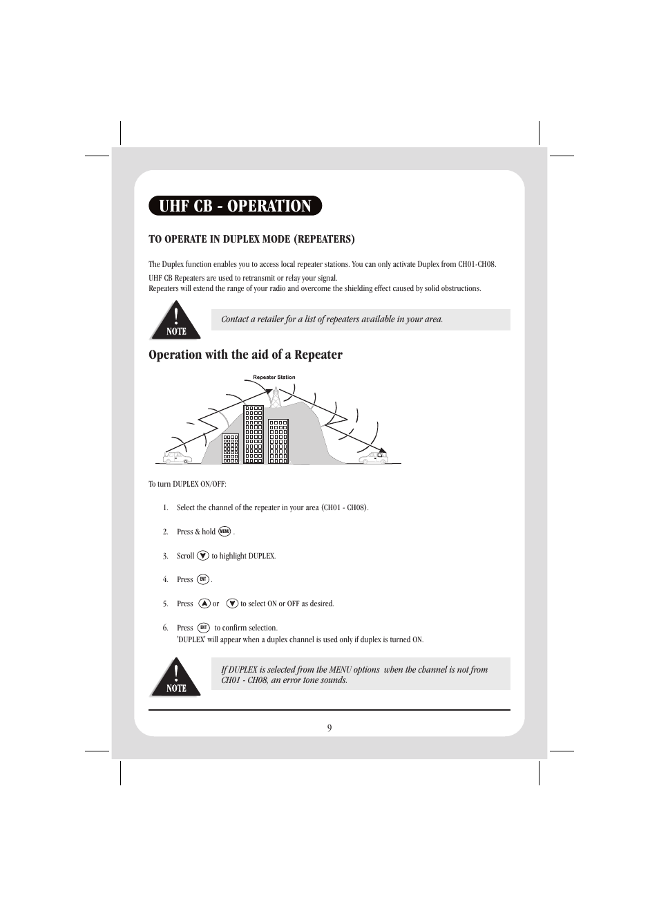 Uhf cb - operation, Operation with the aid of a repeater | Uniden GPS105 User Manual | Page 16 / 36