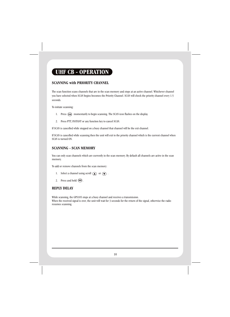 Uhf cb - operation, Reply delay | Uniden GPS105 User Manual | Page 17 / 36