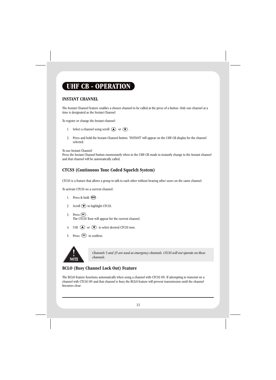 Uhf cb - operation | Uniden GPS105 User Manual | Page 18 / 36