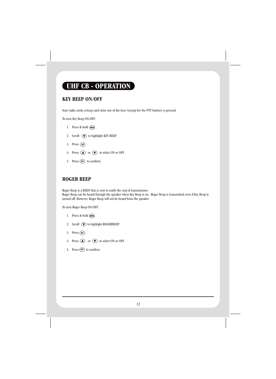 Uhf cb - operation, Key beep on/off roger beep | Uniden GPS105 User Manual | Page 19 / 36