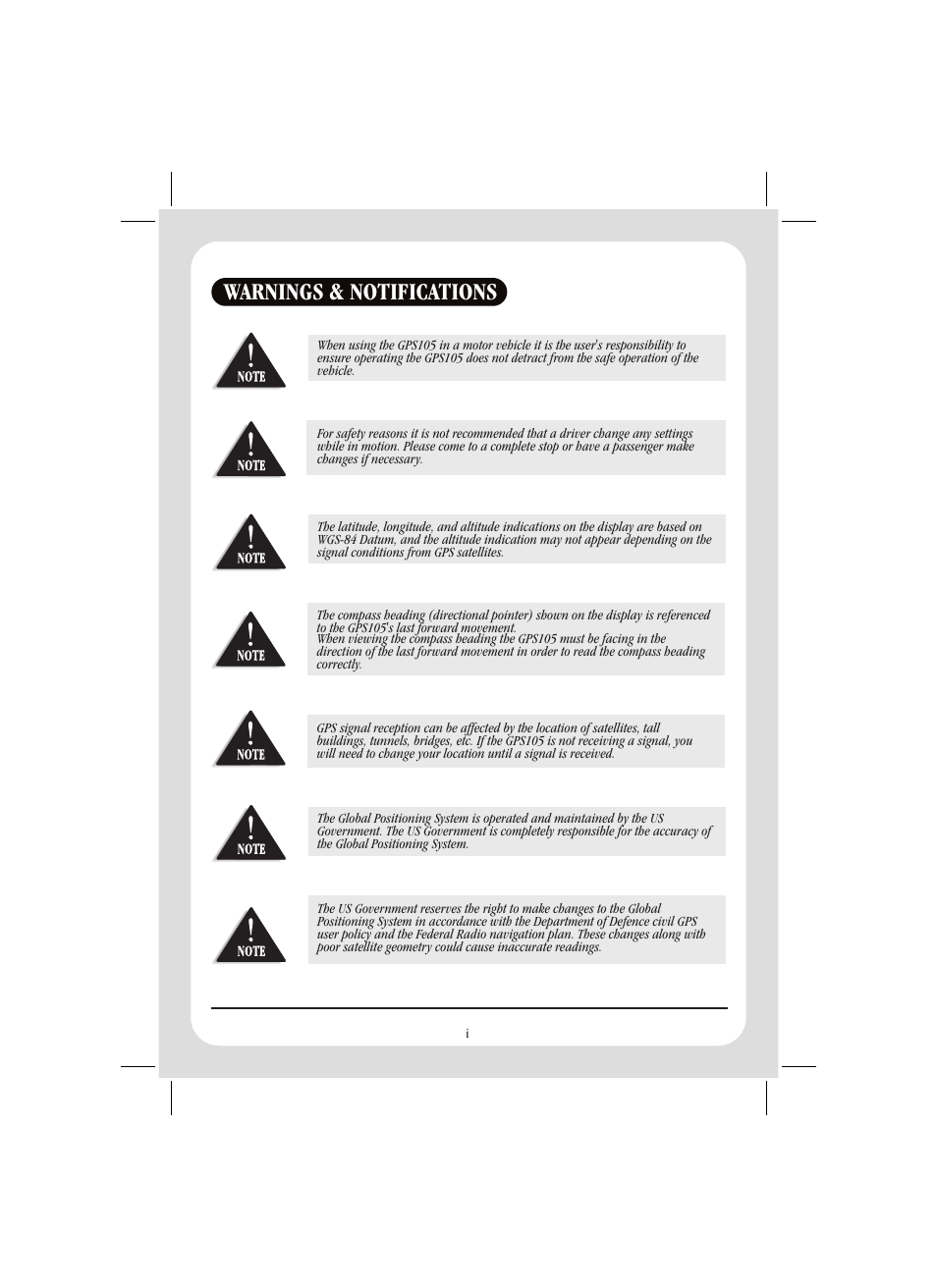 Warnings & notifications | Uniden GPS105 User Manual | Page 2 / 36