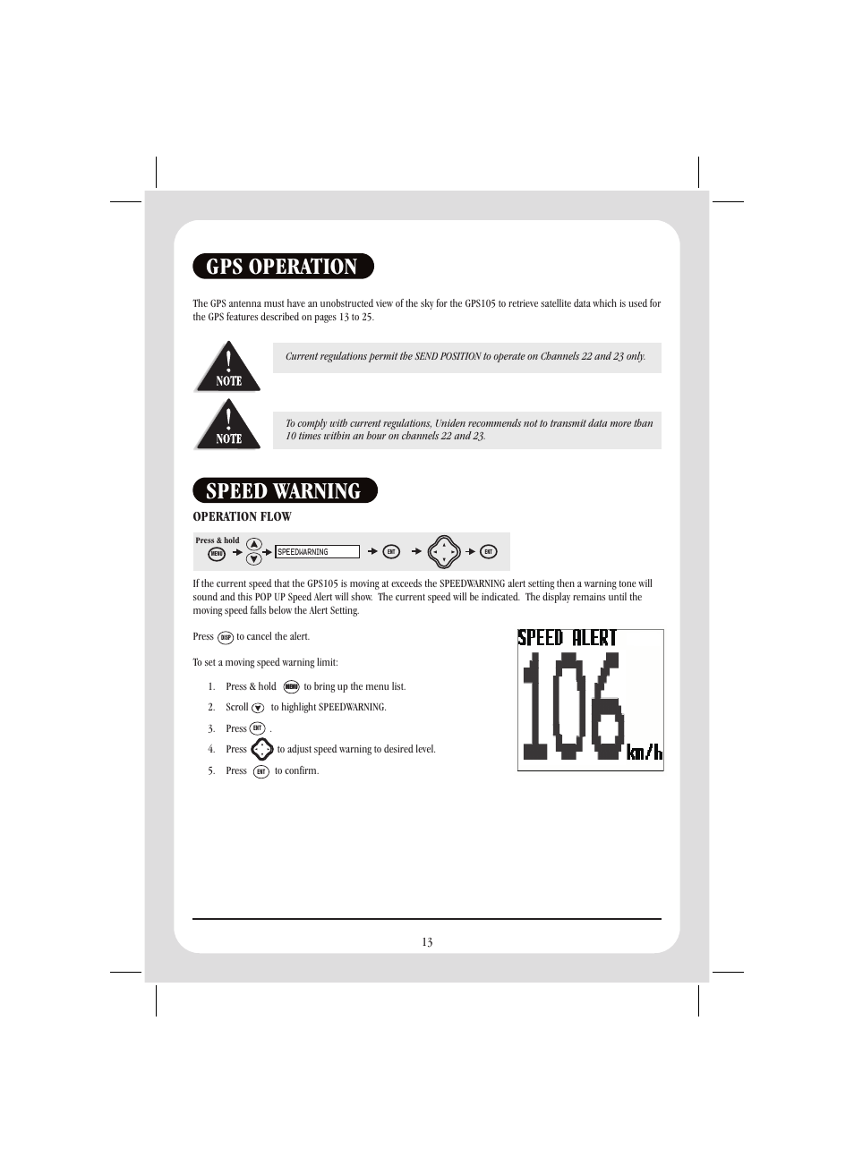 Speed warning, Gps operation | Uniden GPS105 User Manual | Page 20 / 36