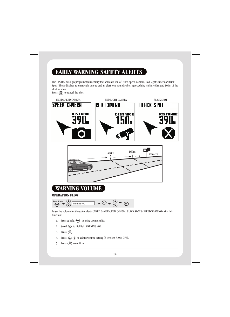 Early warning safety alerts, Warning volume | Uniden GPS105 User Manual | Page 21 / 36