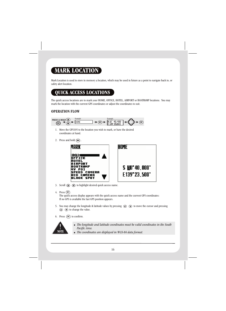 Mark location, Quick access locations, Operation flow | Uniden GPS105 User Manual | Page 23 / 36