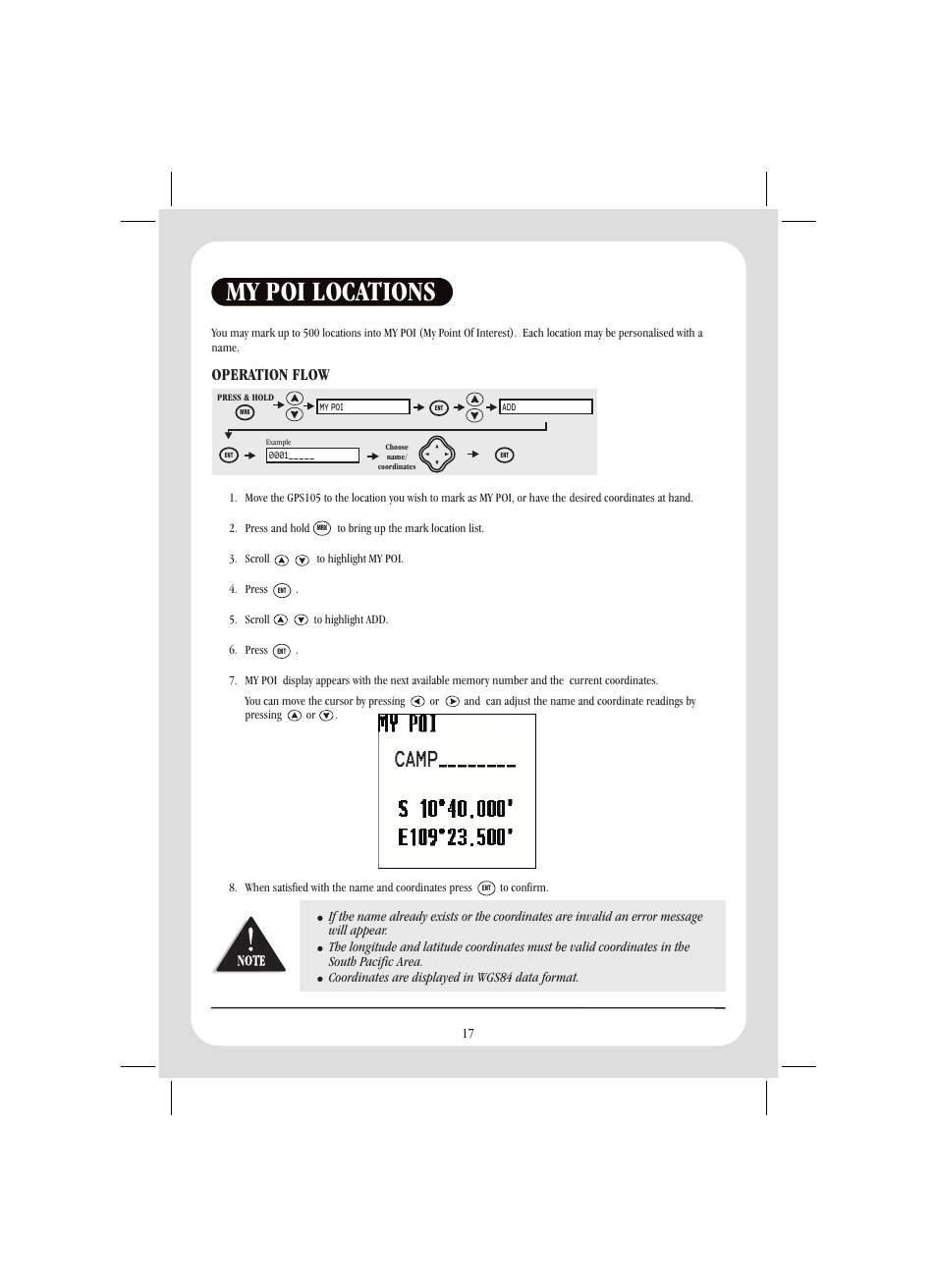 My poi locations, Camp, Operation flow | Uniden GPS105 User Manual | Page 24 / 36