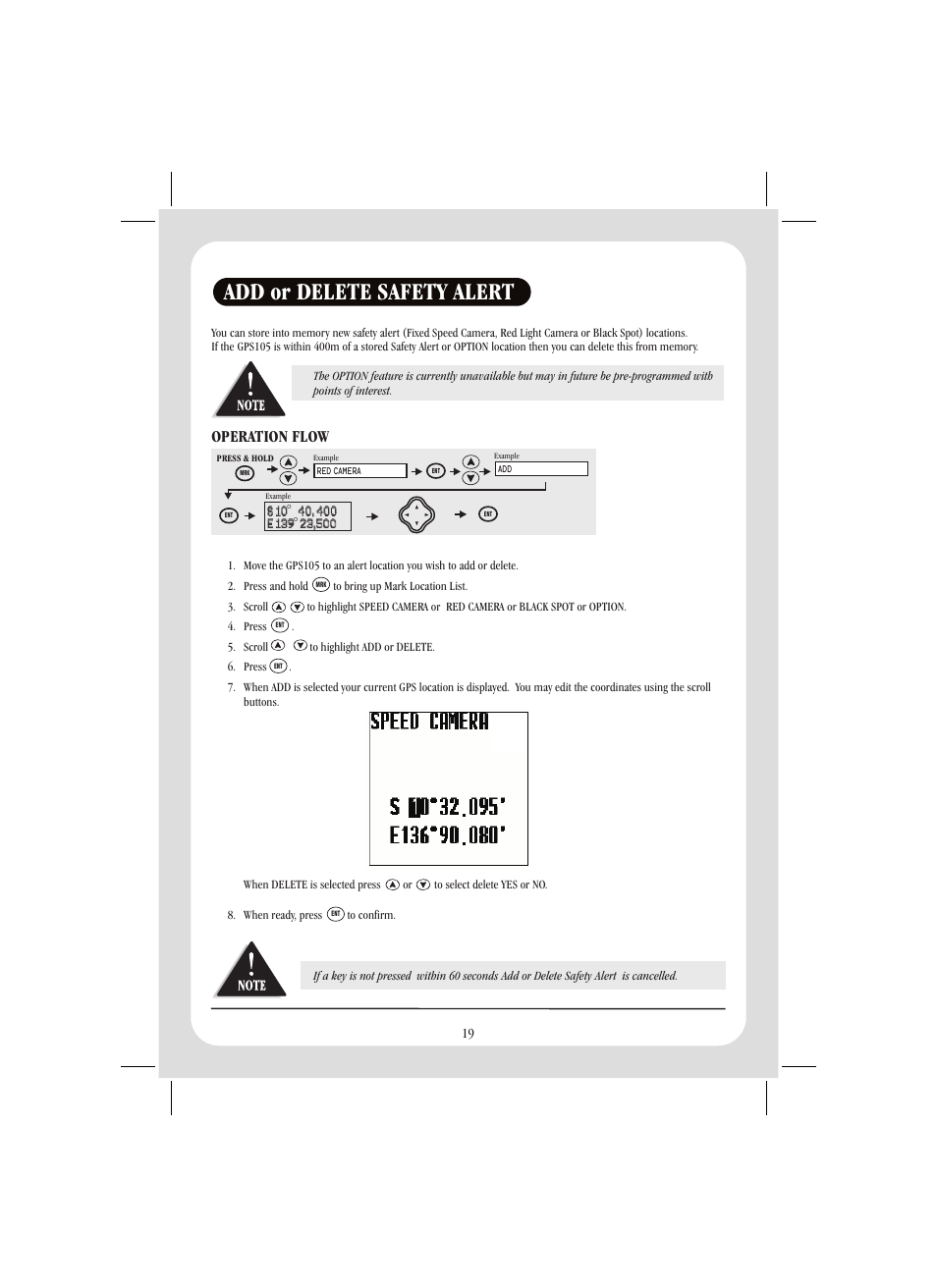 Add or delete safety alert, Operation flow | Uniden GPS105 User Manual | Page 26 / 36