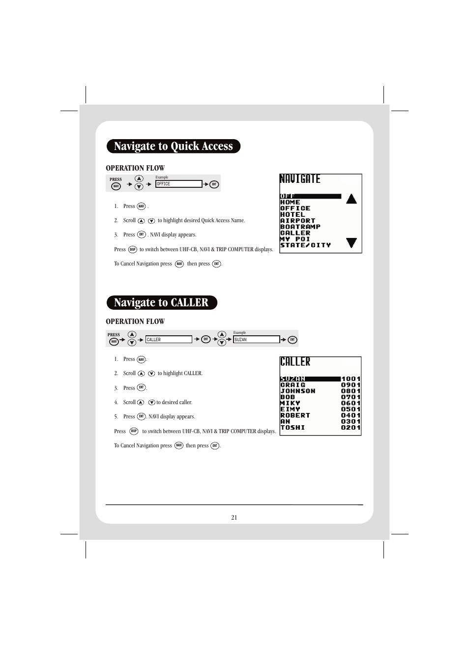 Navigate to quick access, Navigate to caller, Operation flow | Uniden GPS105 User Manual | Page 28 / 36
