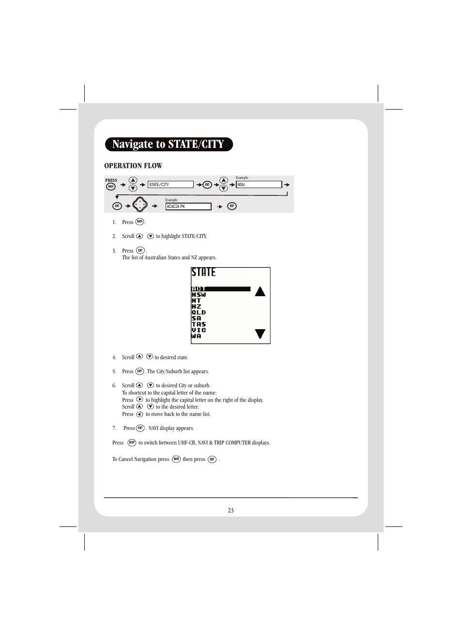 Navigate to state/city, Operation flow | Uniden GPS105 User Manual | Page 30 / 36