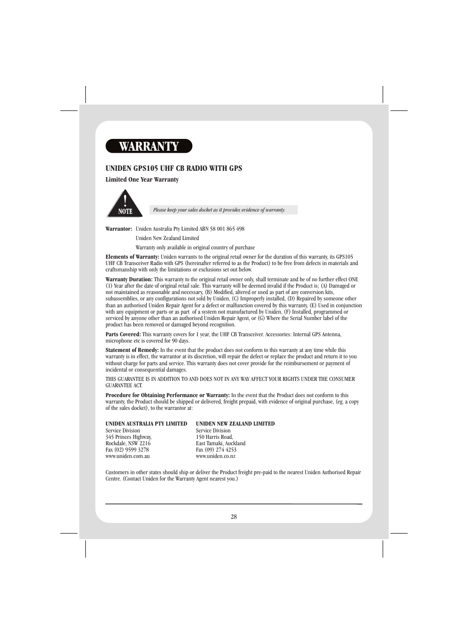Warranty, Uniden gps105 uhf cb radio with gps | Uniden GPS105 User Manual | Page 35 / 36