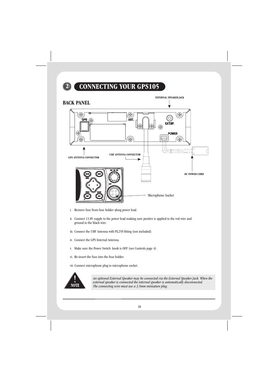 Connecting your gps105, Back panel | Uniden GPS105 User Manual | Page 4 / 36