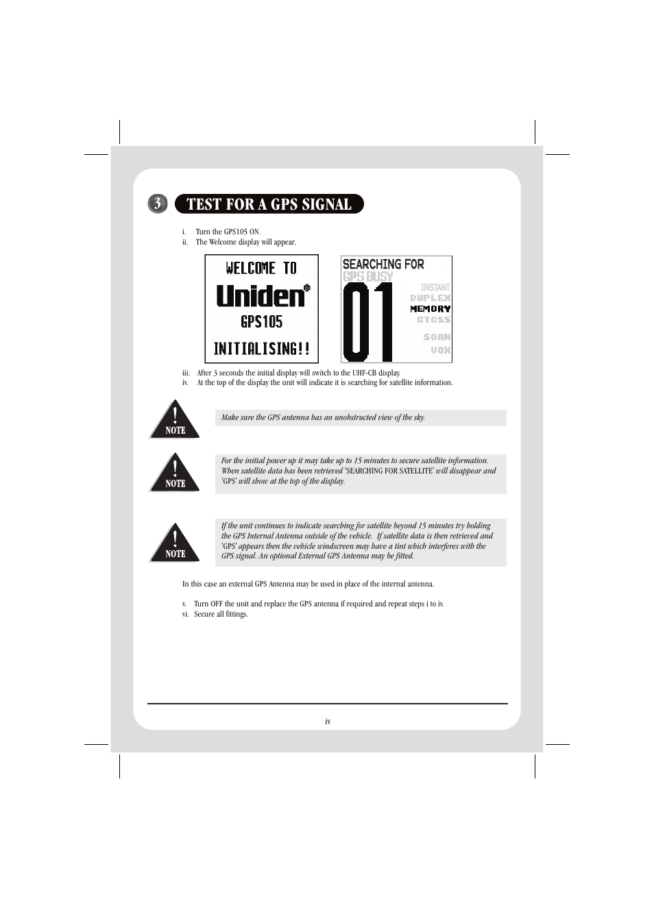 Test for a gps signal, Searching for | Uniden GPS105 User Manual | Page 5 / 36