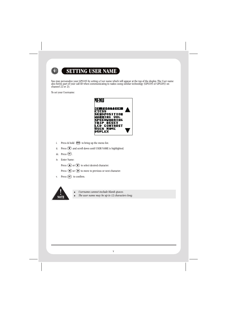 Setting user name | Uniden GPS105 User Manual | Page 6 / 36