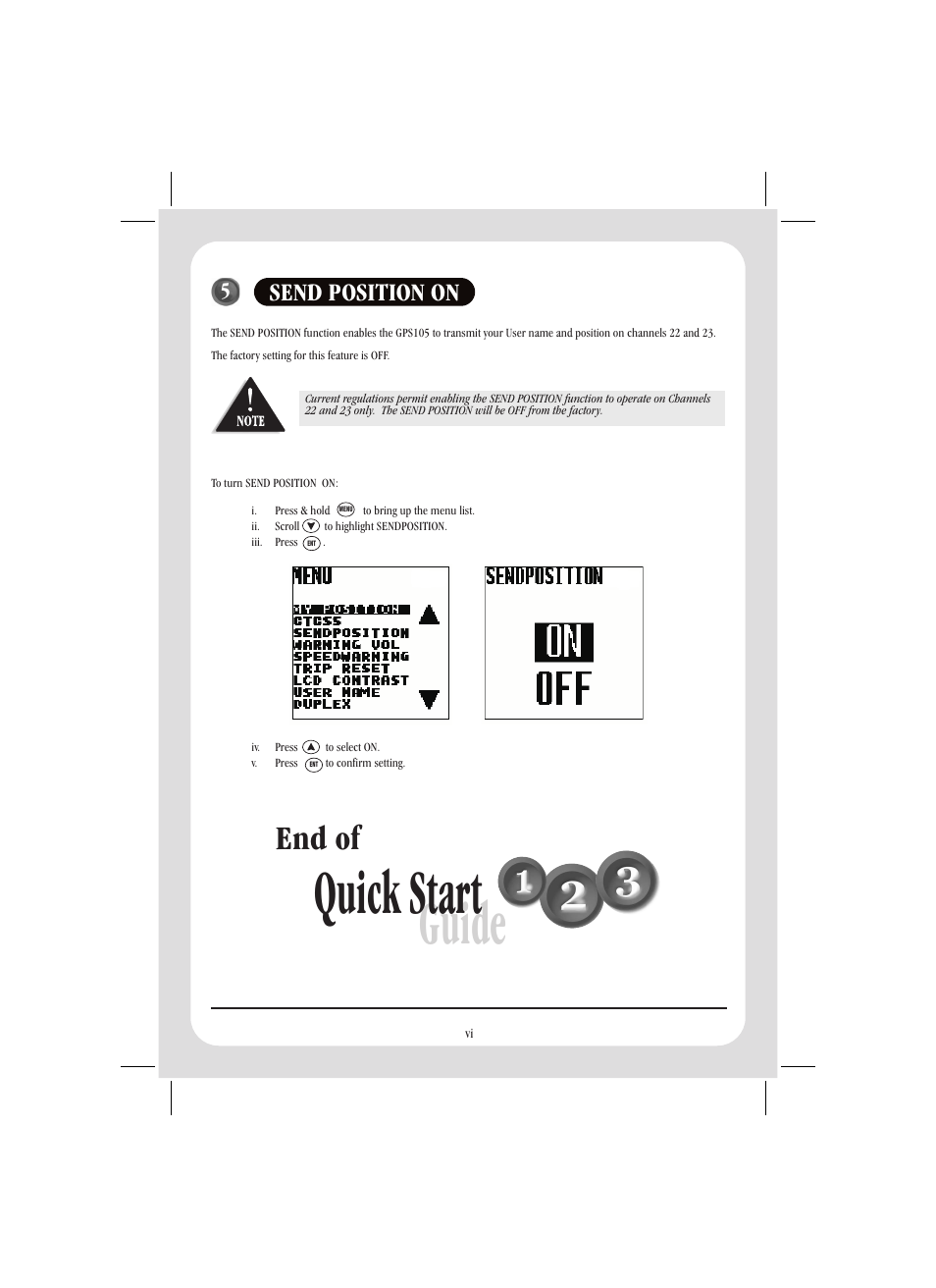 Quick start, Guide, End of | Send position on | Uniden GPS105 User Manual | Page 7 / 36