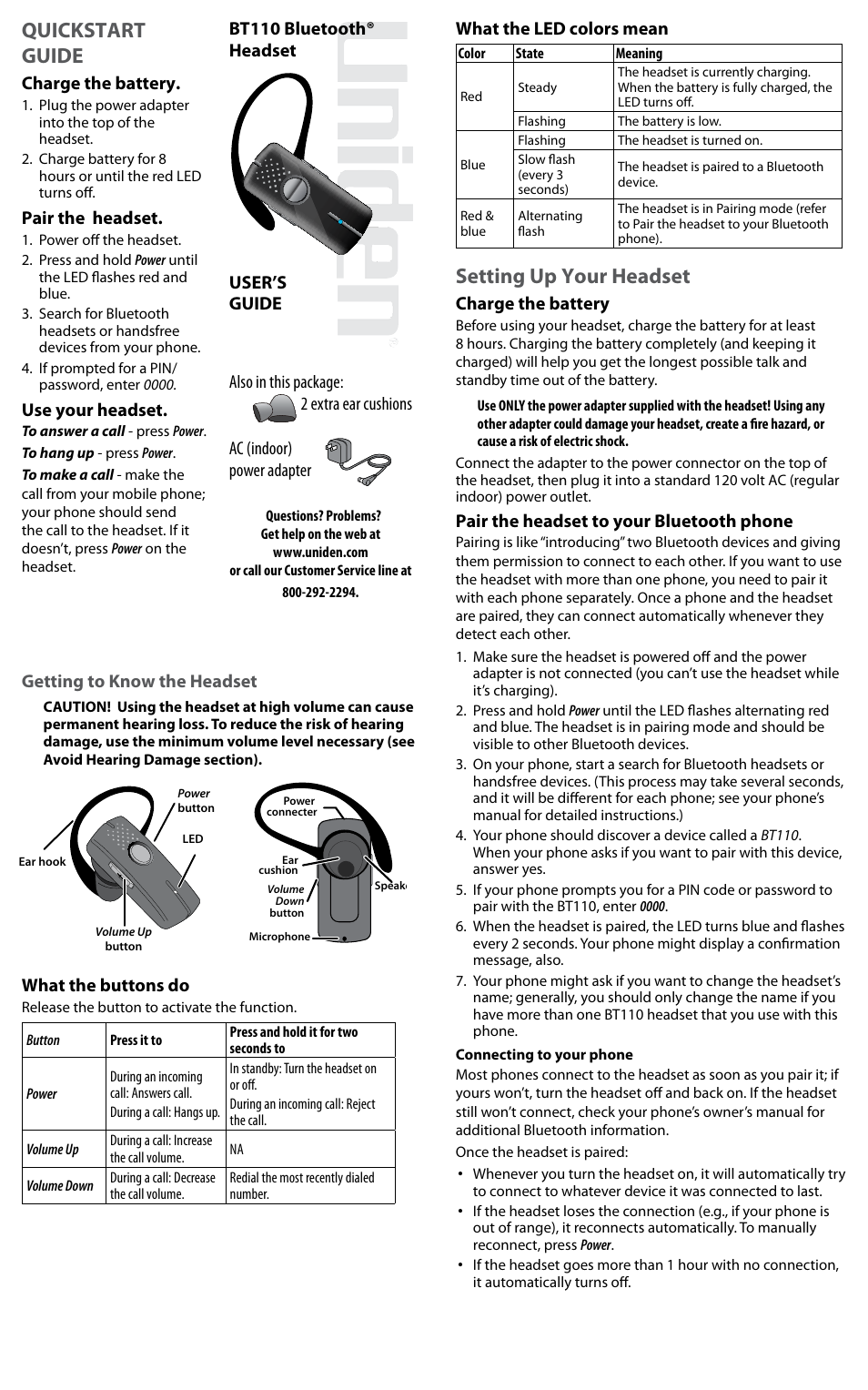 Uniden BT110 User Manual | 3 pages