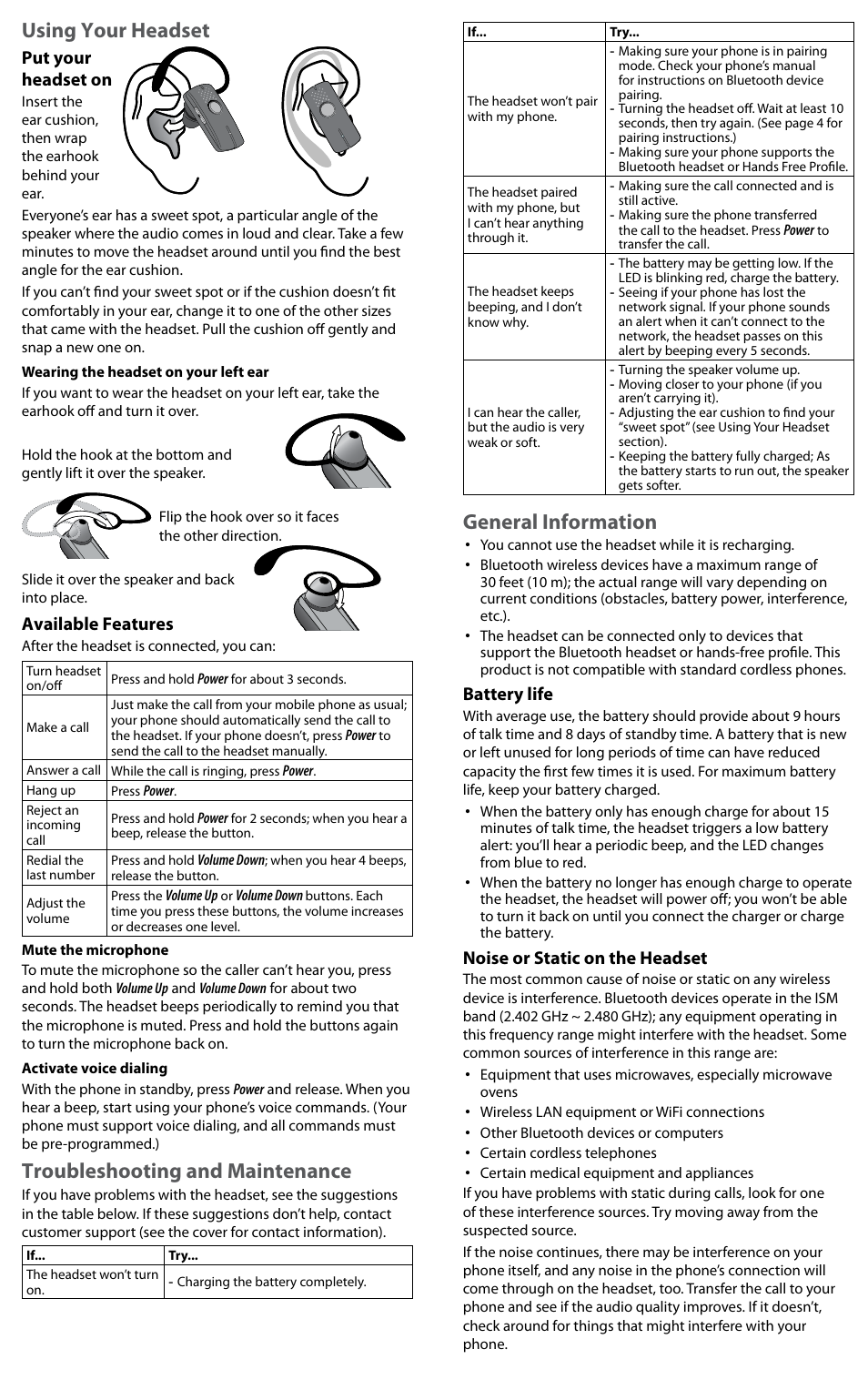 Using your headset, Troubleshooting and maintenance, General information | Put your headset on, Available features, Battery life, Noise or static on the headset | Uniden BT110 User Manual | Page 2 / 3