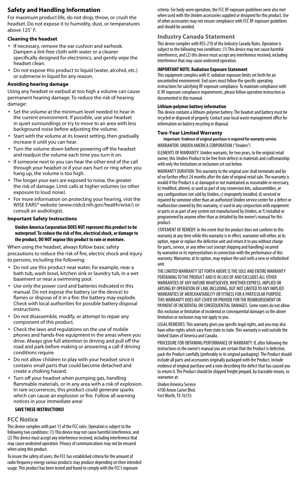 Industry canada statement, Safety and handling information, Fcc notice | Uniden BT110 User Manual | Page 3 / 3