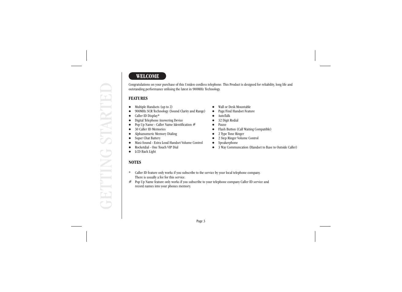 Get ting st ar ted | Uniden XSA 975 User Manual | Page 11 / 44